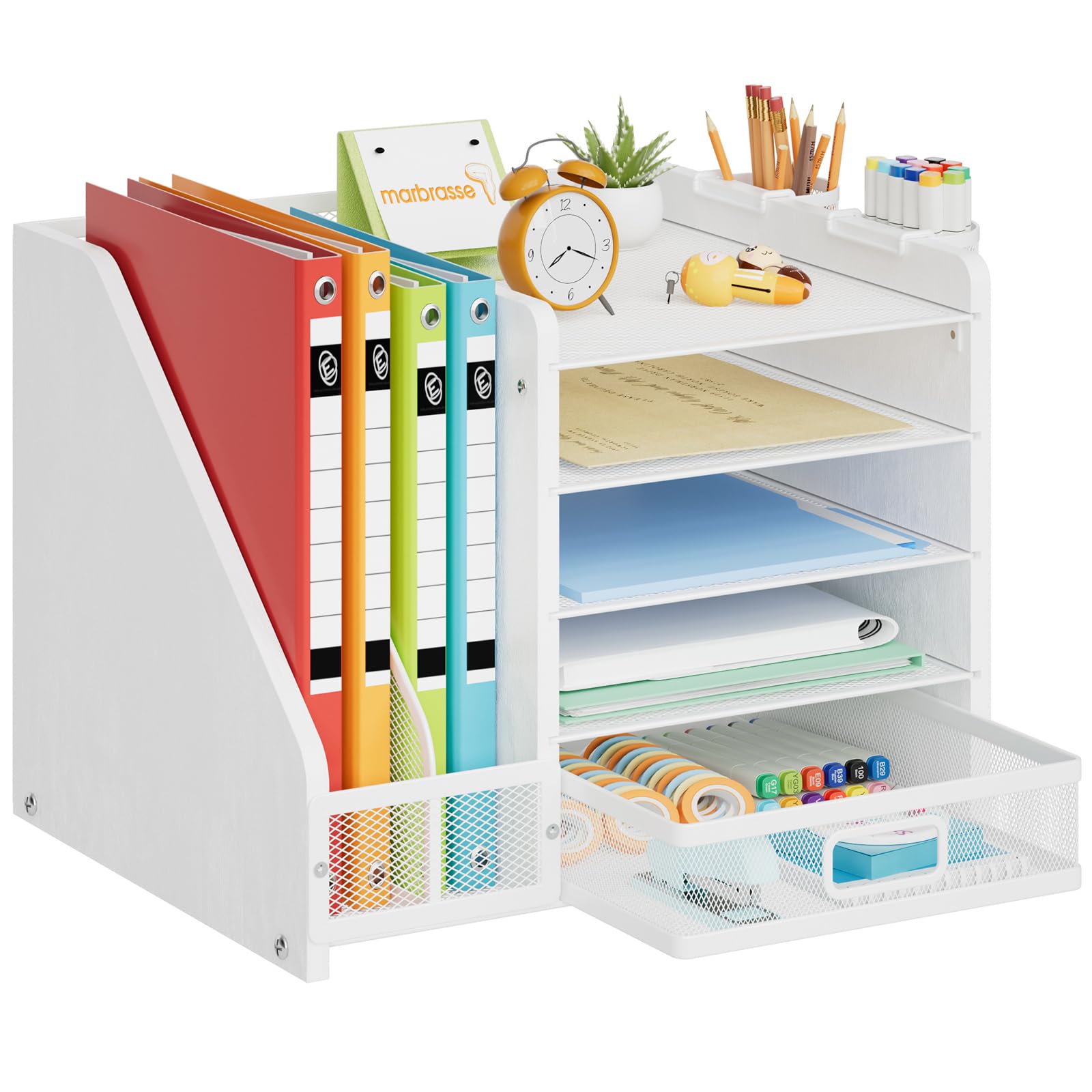 Five Tier Mesh Desk Organizer with File Tray Drawer Pen and Magazine Holders
