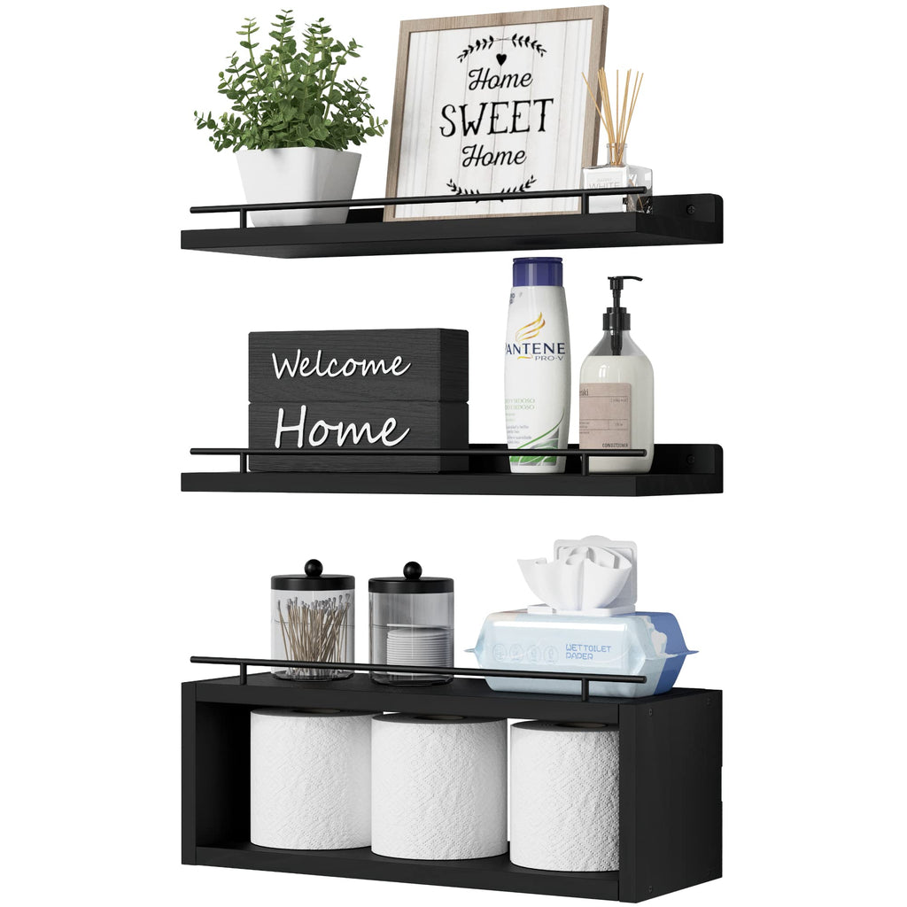 Floating Bathroom Wall Shelves with Cube Storage and Metal Rail