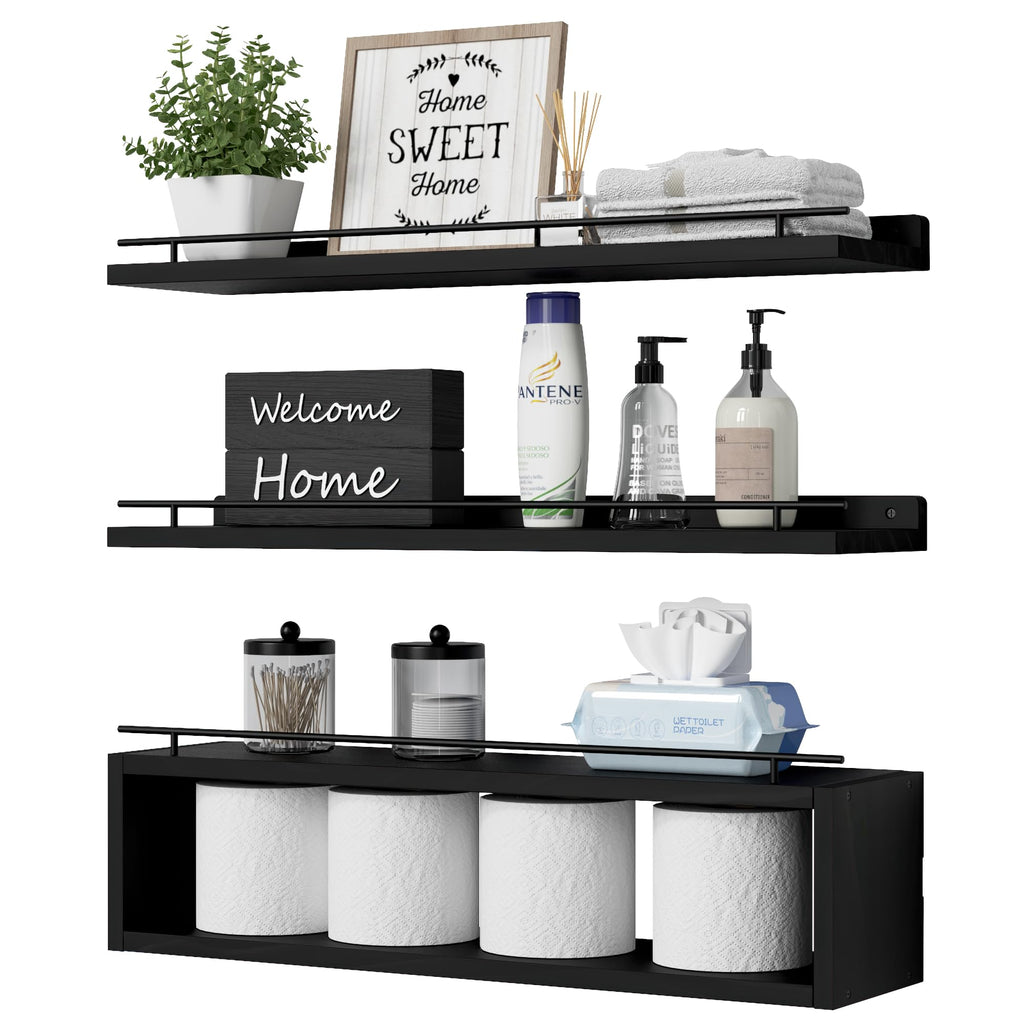 Floating Bathroom Wall Shelves with Cube Storage and Metal Rail