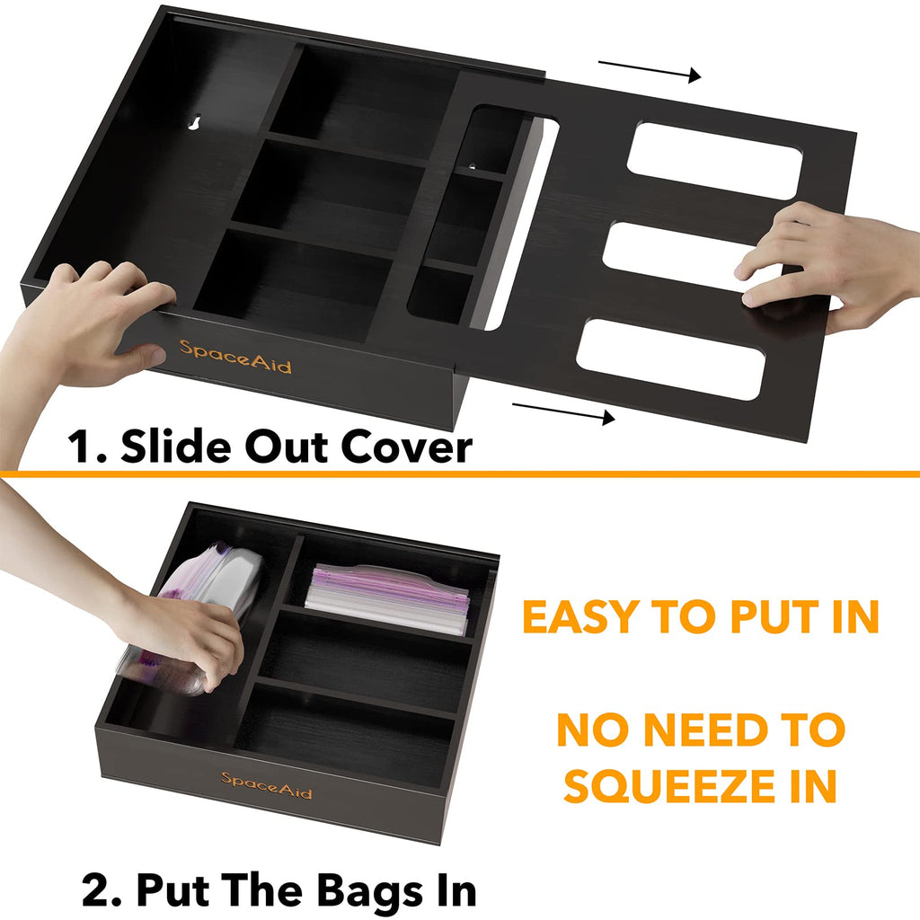 Bamboo Kitchen Drawer Bag Storage Organizer with Four Size Compartments