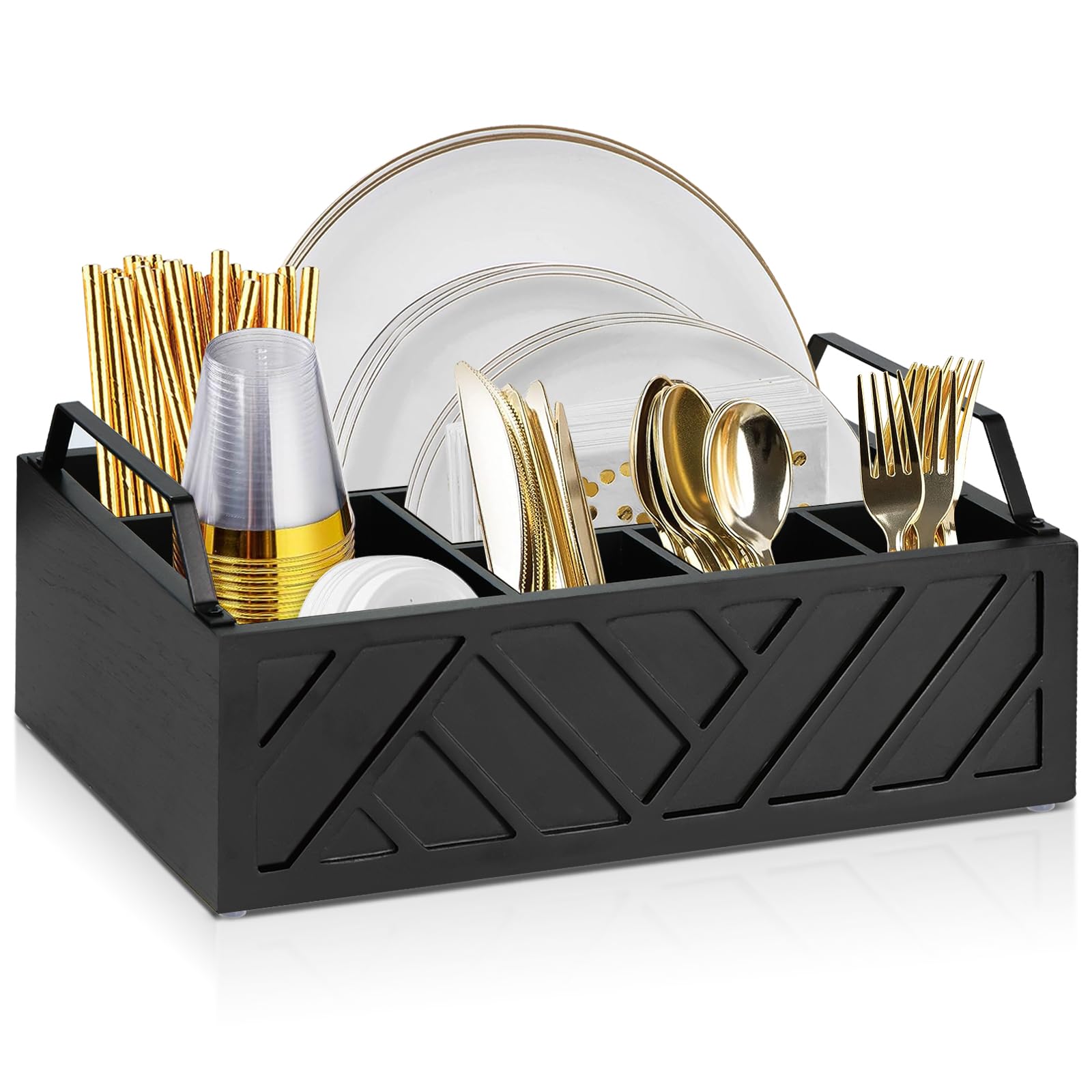 Six Compartment Wooden Utensil Caddy for Paper Plates and Cutlery