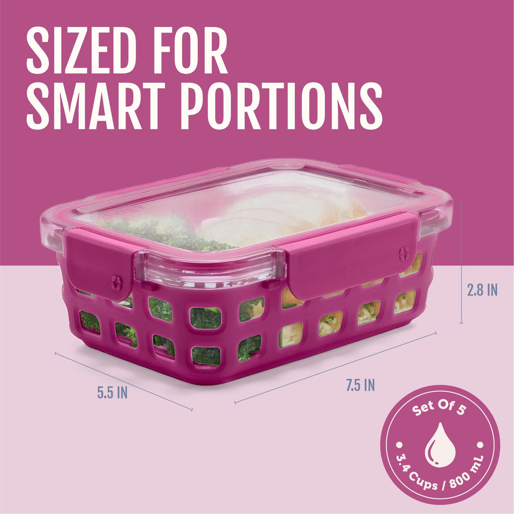 Five Pack Glass Meal Prep Containers with Silicone Sleeves and Airtight Lids