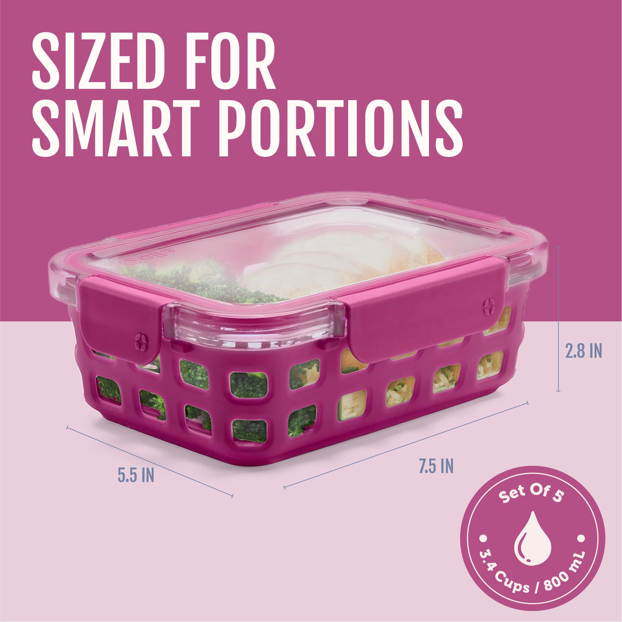 Five Pack Glass Meal Prep Containers with Silicone Sleeves and Airtight Lids