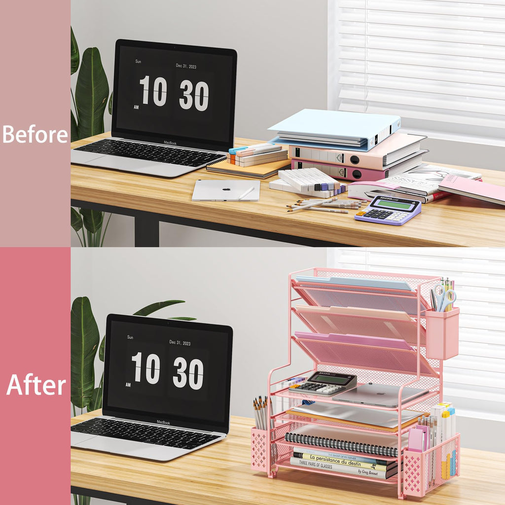 Seven Tier Desk File and Paper Organizer with Pen Holder and Basket