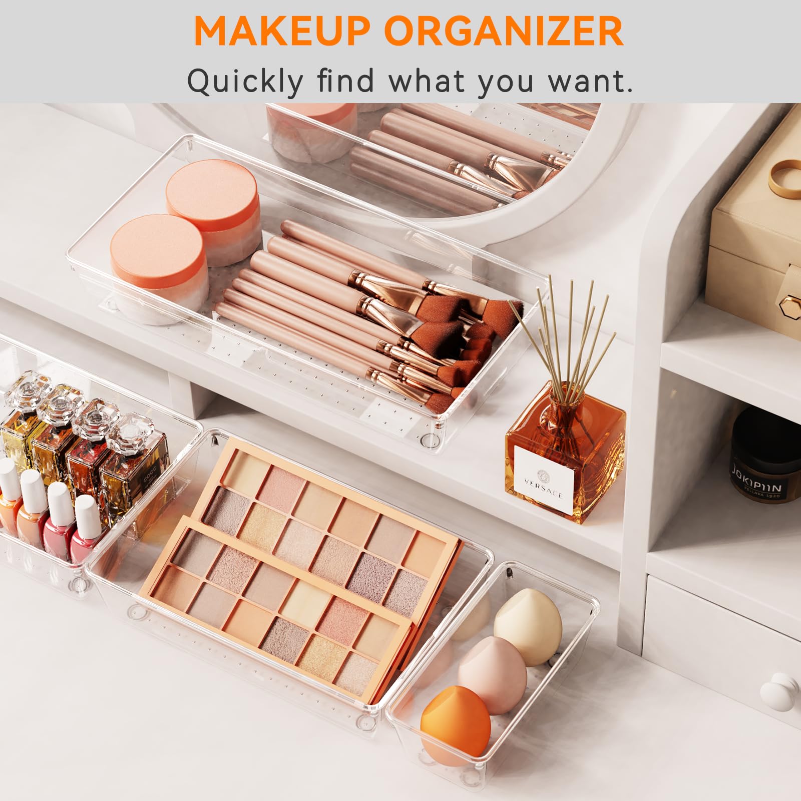Clear Plastic Drawer Organizer Trays for Makeup Jewelry and Office Storage