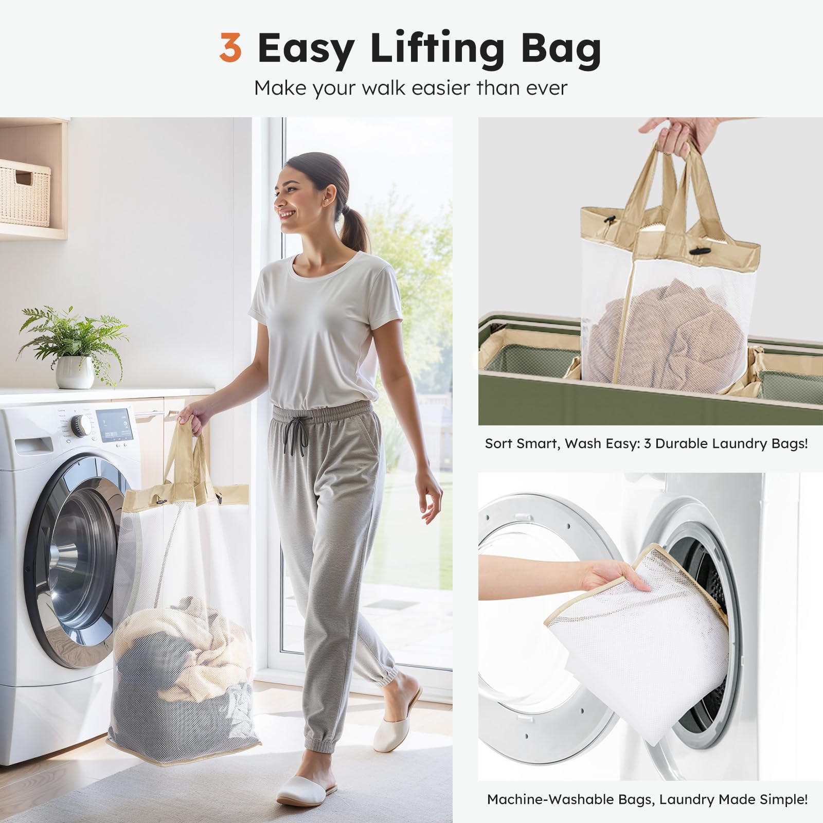 Extra Large 180L Three Section Laundry Hamper with Lid and Handles