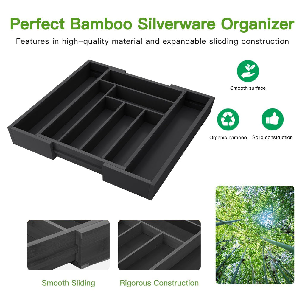Expandable Bamboo Silverware and Cutlery Tray Organizer