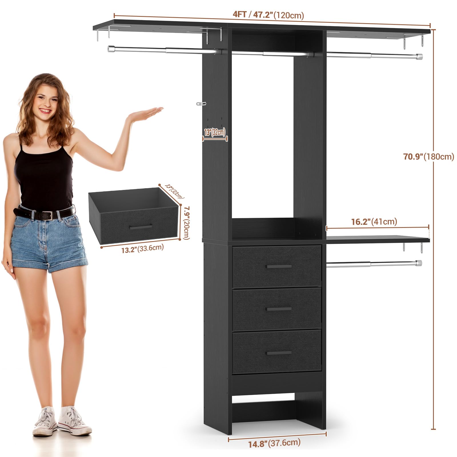 Closet Organizer System with Fabric Drawers Shelves and Garment Rack