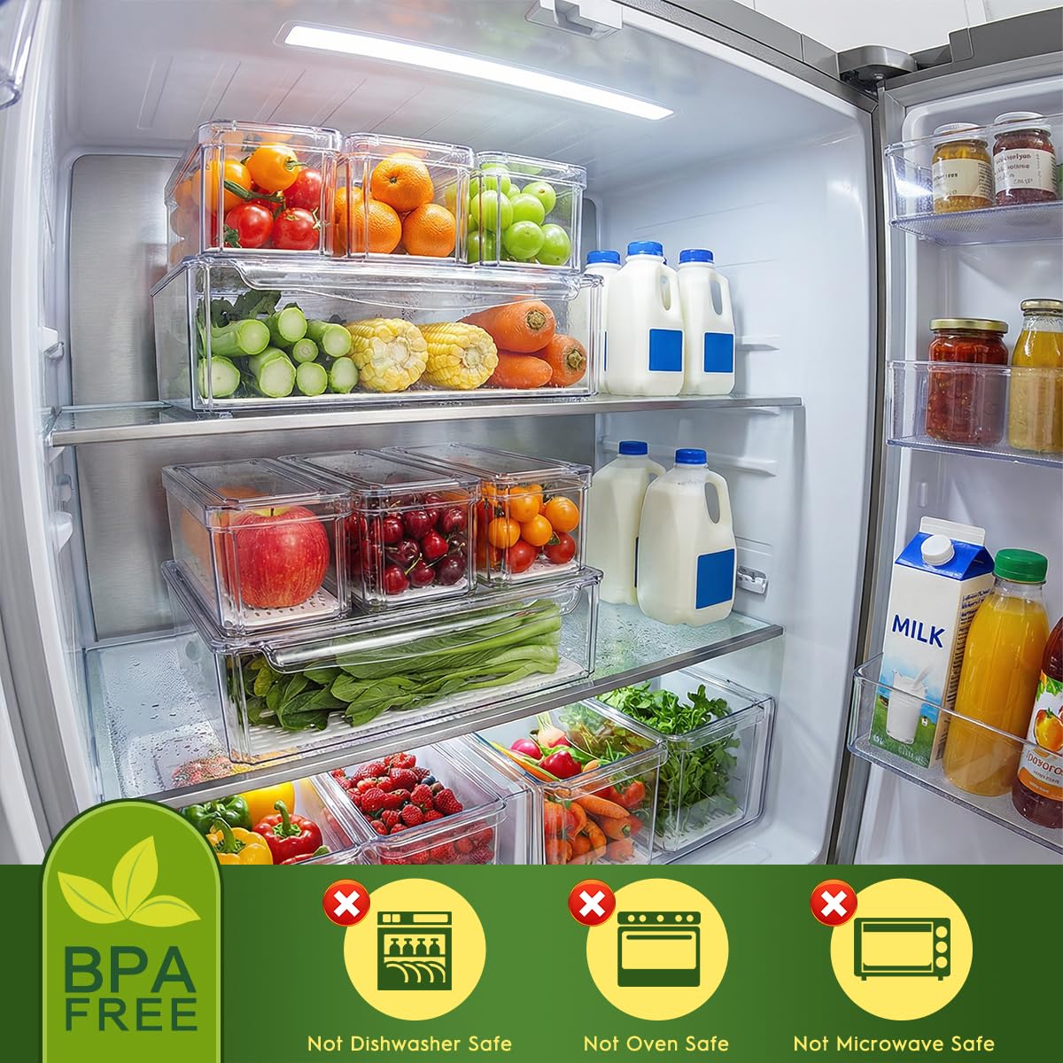 Stackable Clear Refrigerator Organizer Bins with Lids