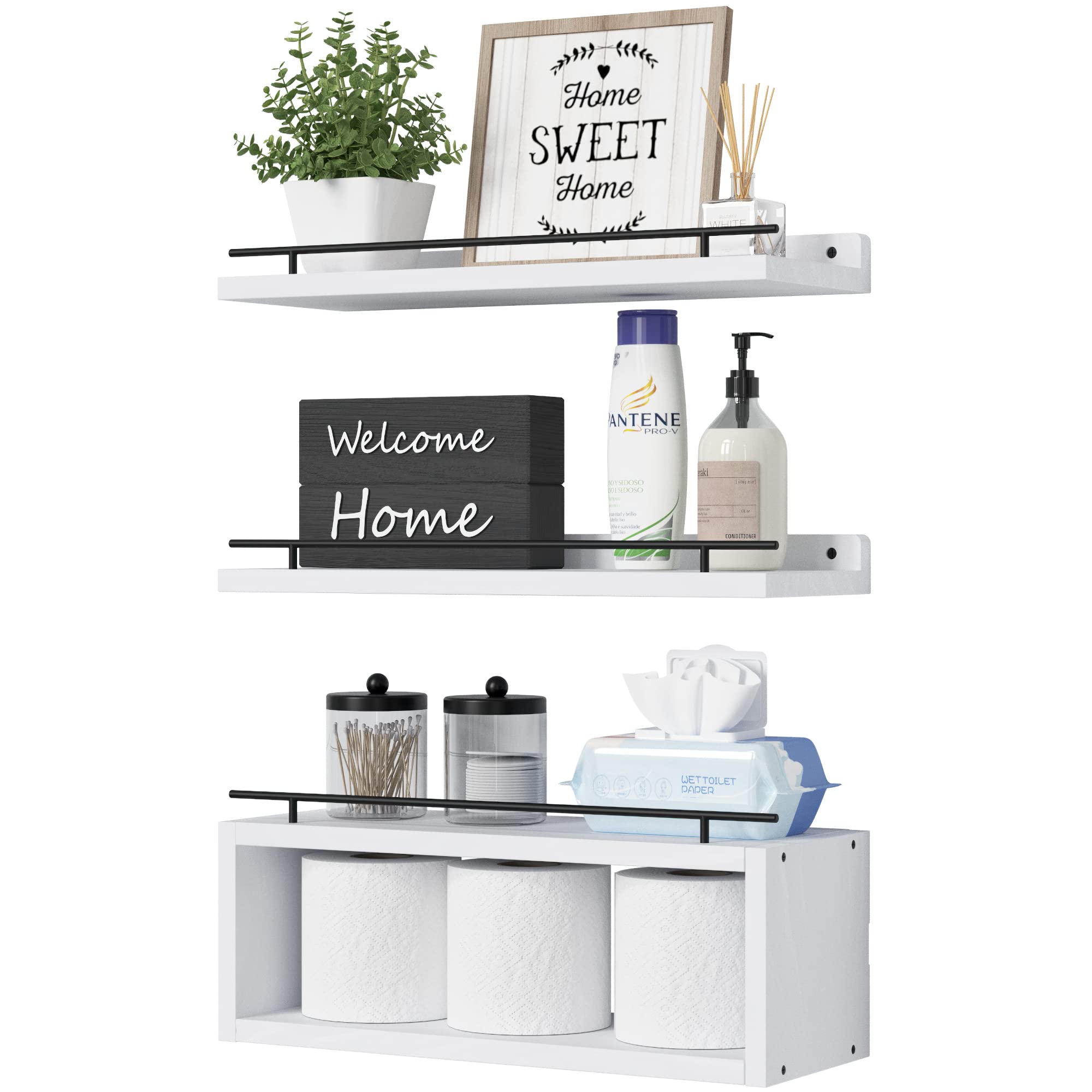 Floating Bathroom Wall Shelves with Cube Storage and Metal Rail