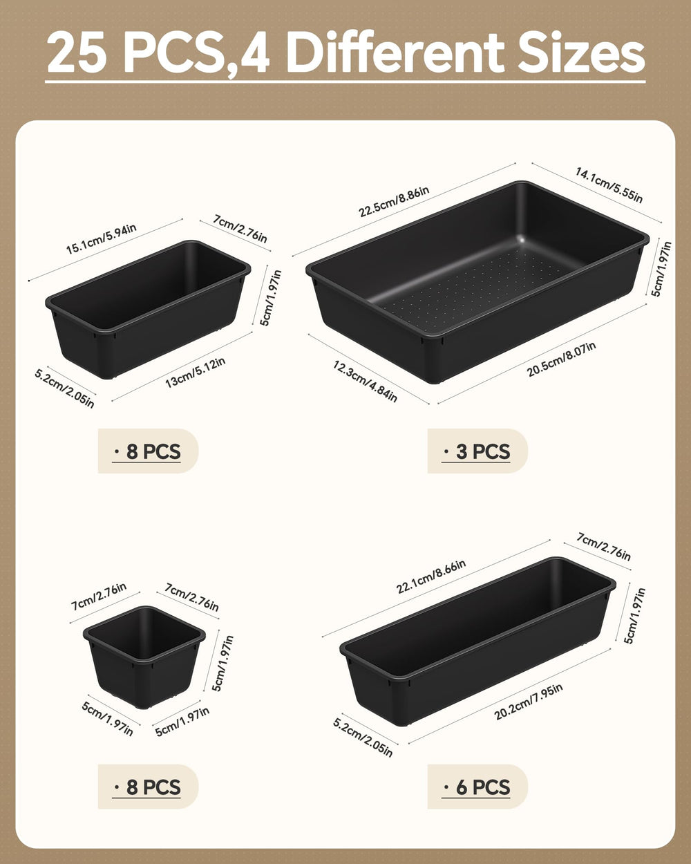 25 Piece Plastic Drawer Organizer Set for Home Storage