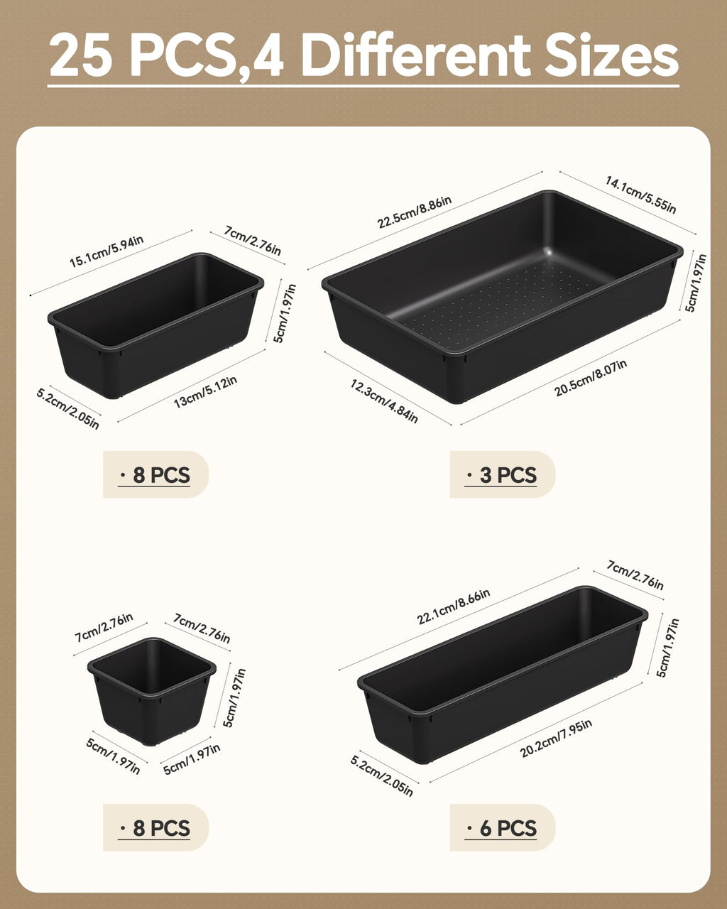 25 Piece Plastic Drawer Organizer Set for Home Storage