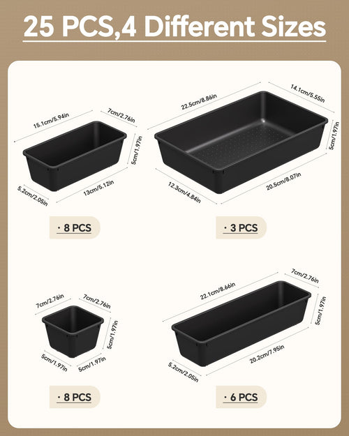 25 Piece Plastic Drawer Organizer Set for Home Storage