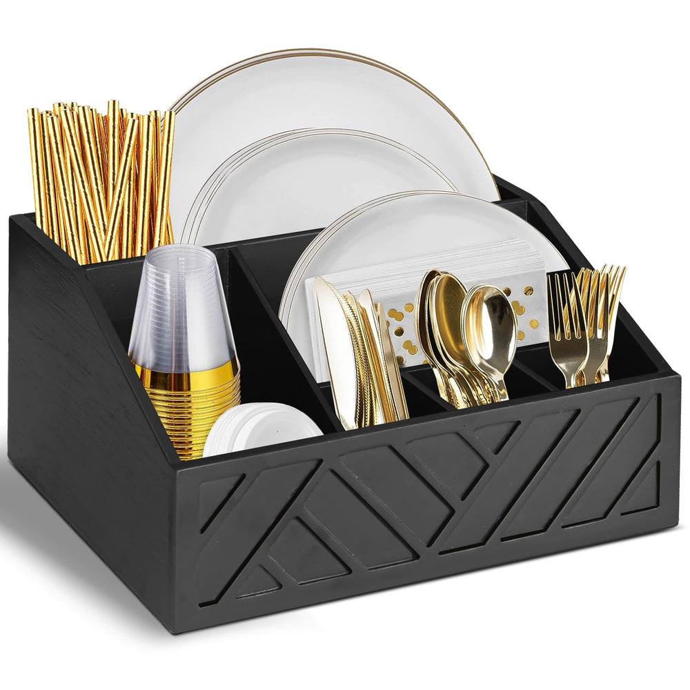 Six Compartment Wooden Utensil Caddy for Paper Plates and Cutlery