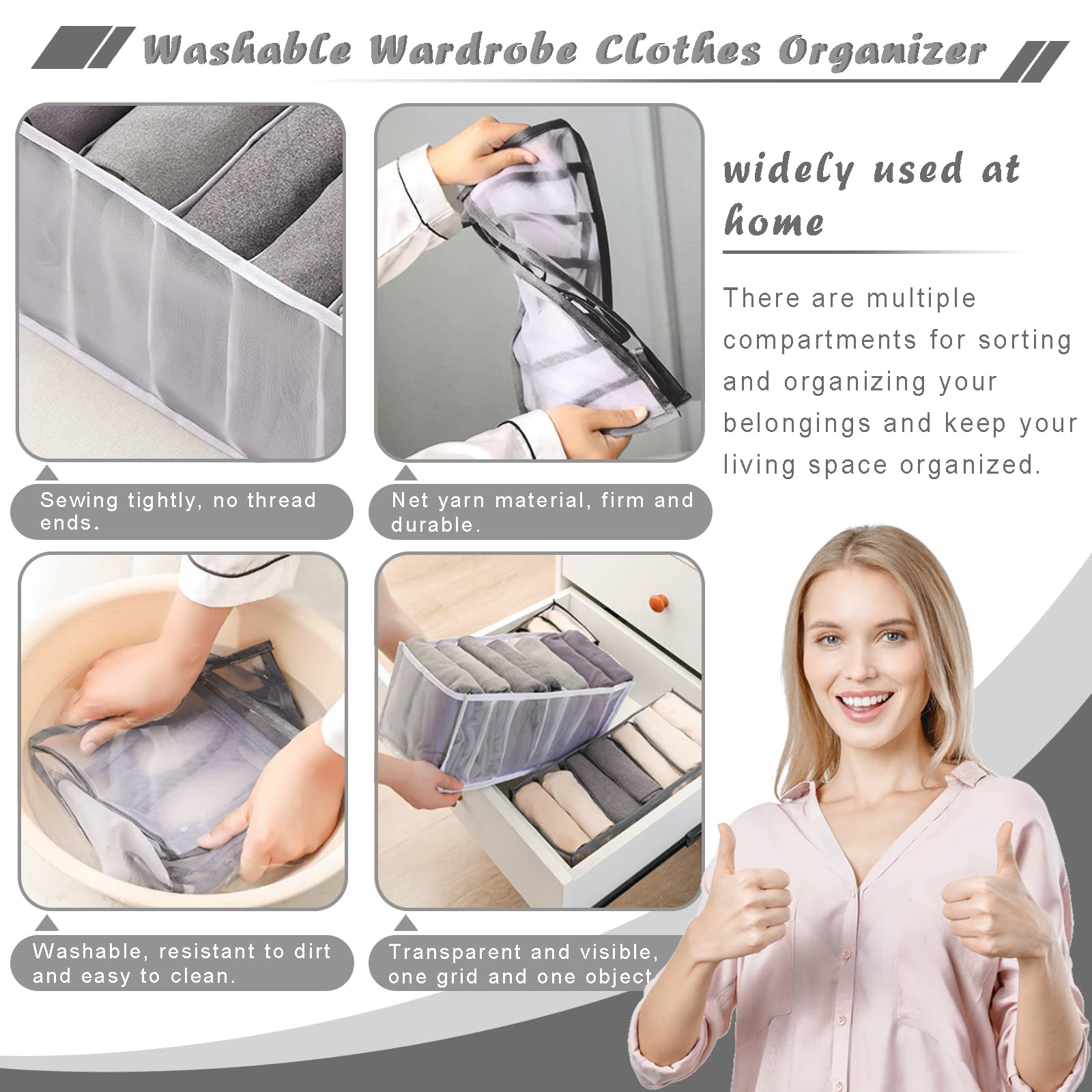 Six Pack Washable Clothes Drawer Organizers with Foldable Compartments