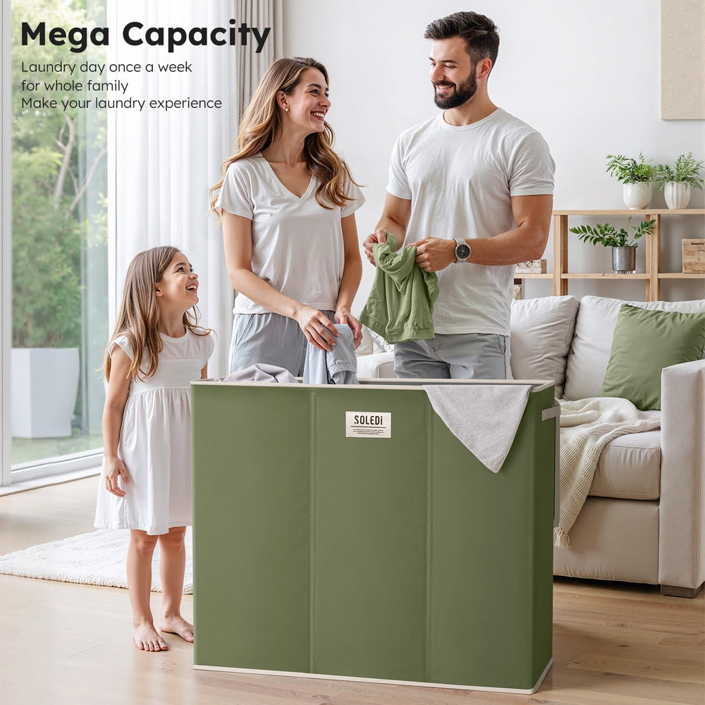 Extra Large 180L Three Section Laundry Hamper with Lid and Handles