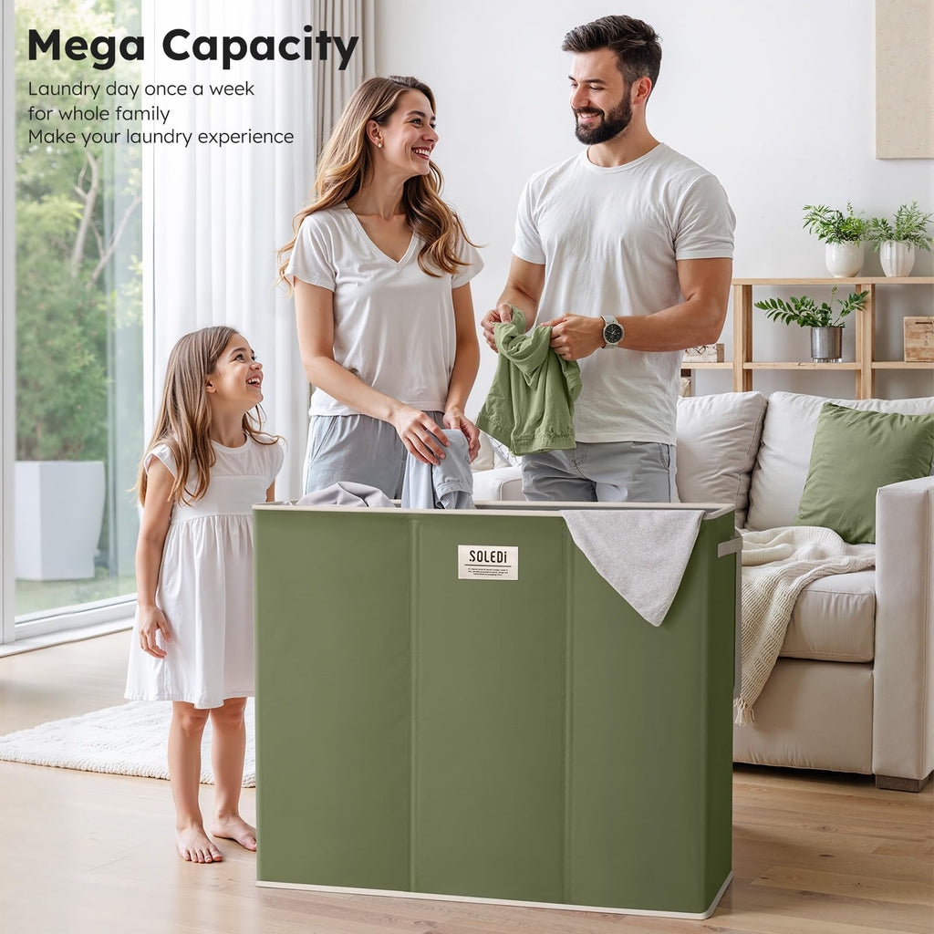 Extra Large 180L Three Section Laundry Hamper with Lid and Handles