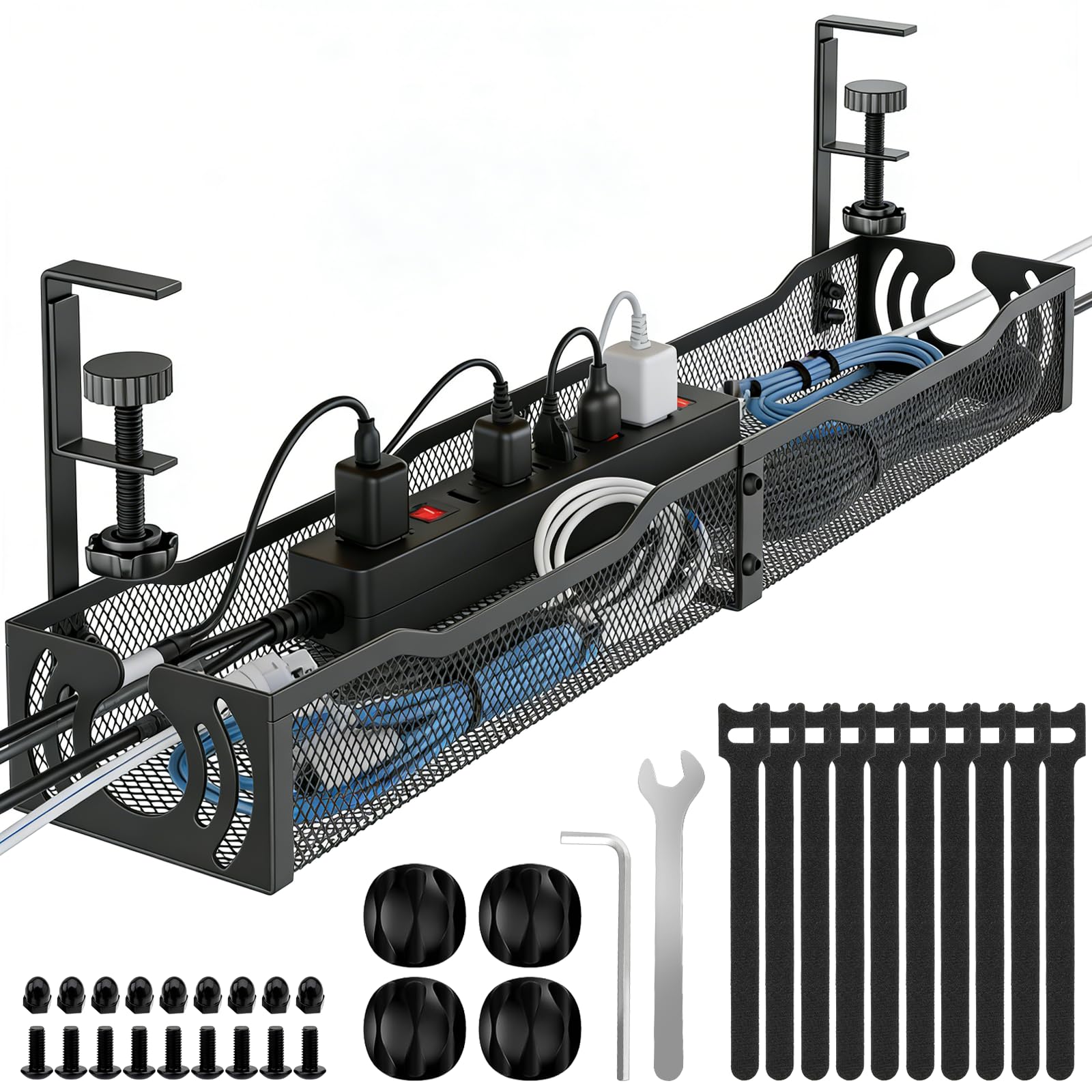 No Drill 15 Inch Under Desk Cable Management Tray