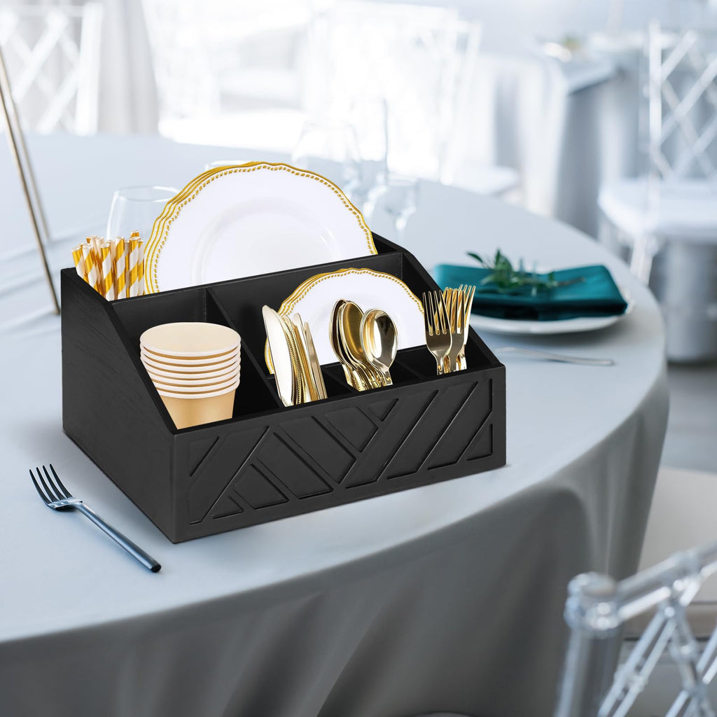 Six Compartment Wooden Utensil Caddy for Paper Plates and Cutlery