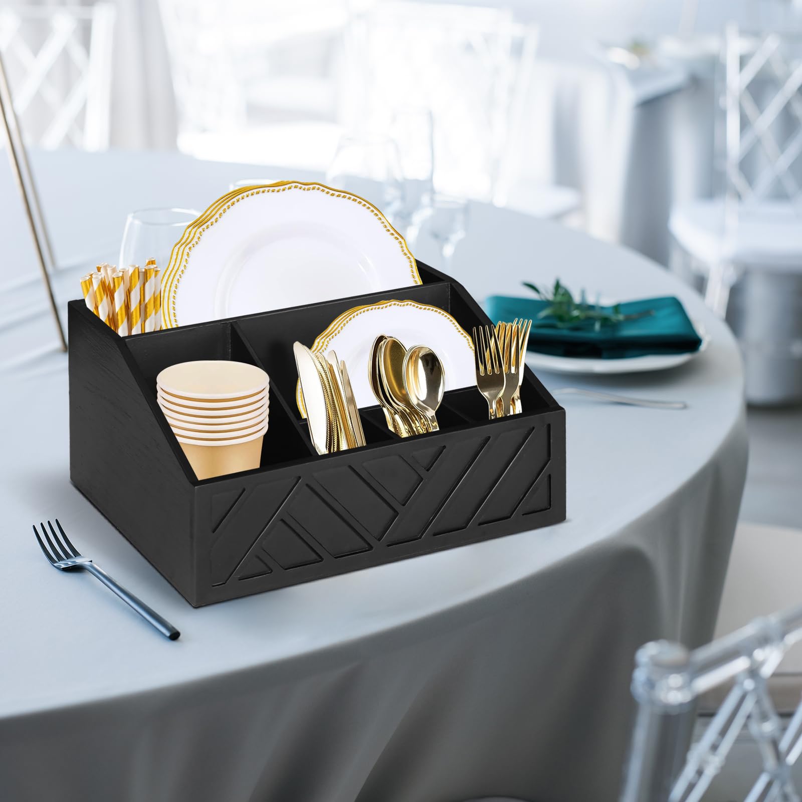 Six Compartment Wooden Utensil Caddy for Paper Plates and Cutlery