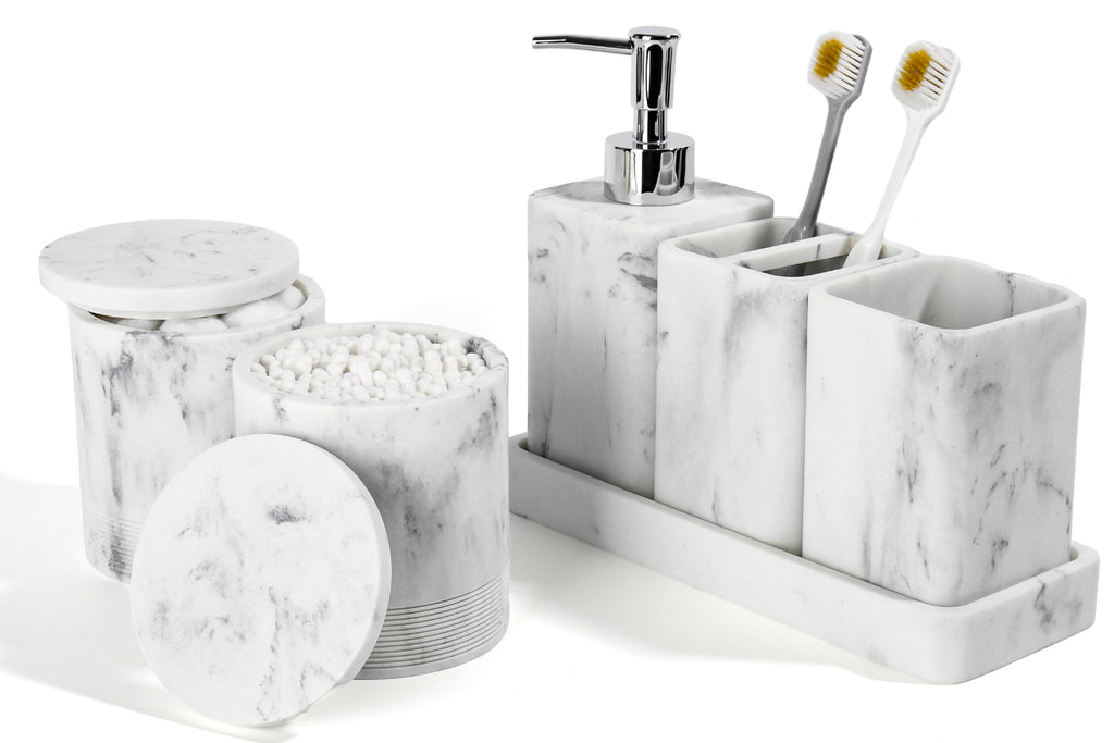 Six Piece Bathroom Accessories Set with Soap Dispenser and Vanity Tray