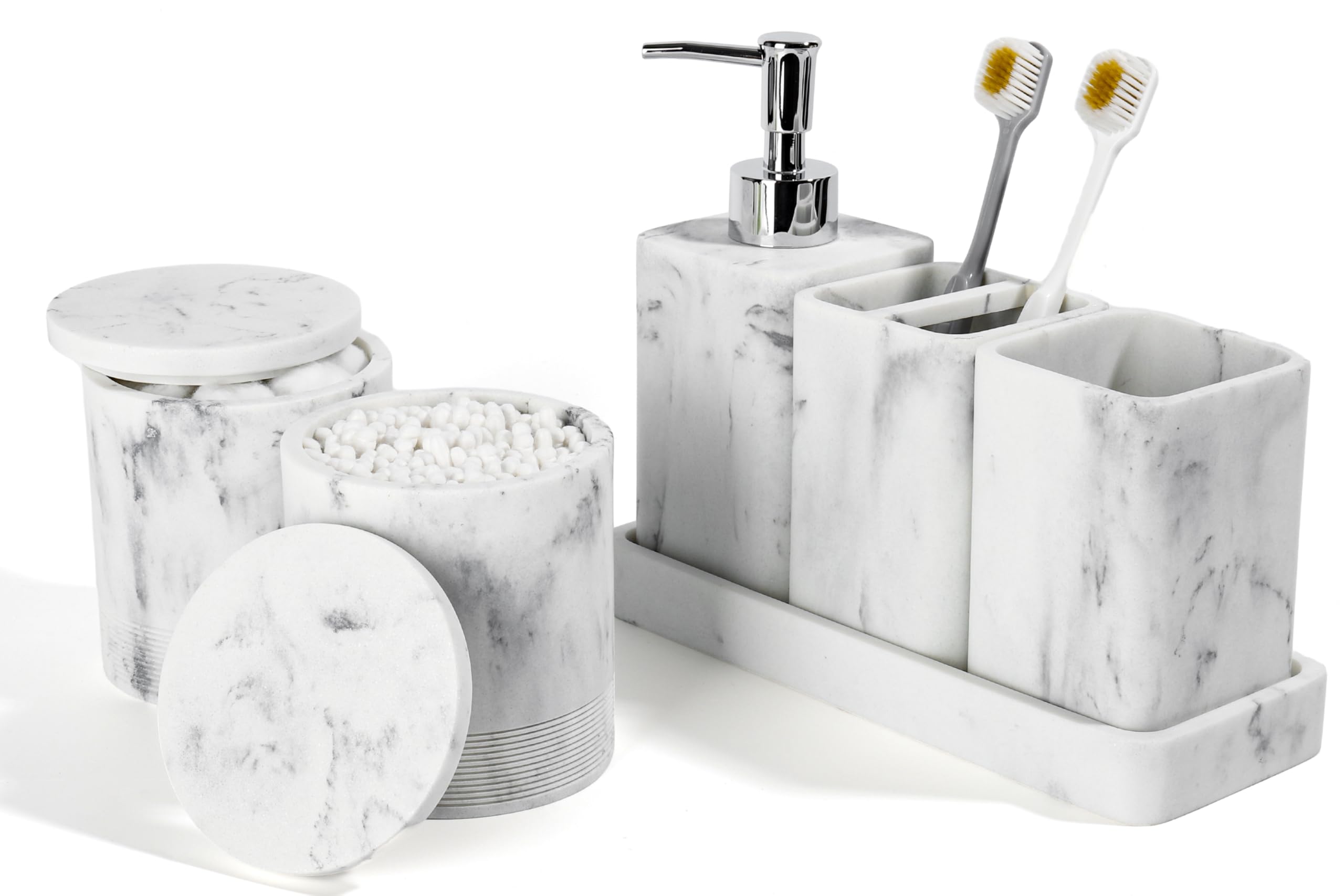Six Piece Bathroom Accessories Set with Soap Dispenser and Vanity Tray