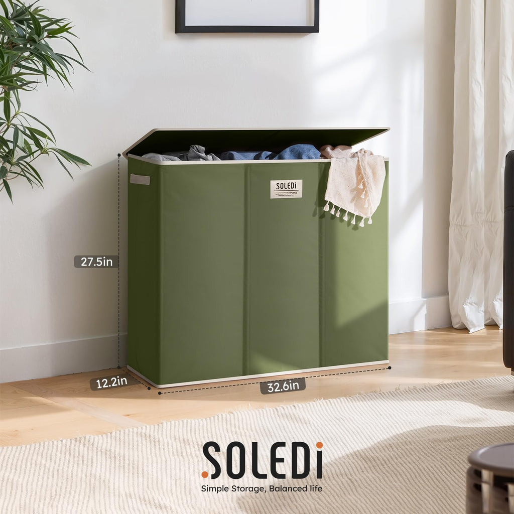Extra Large 180L Three Section Laundry Hamper with Lid and Handles