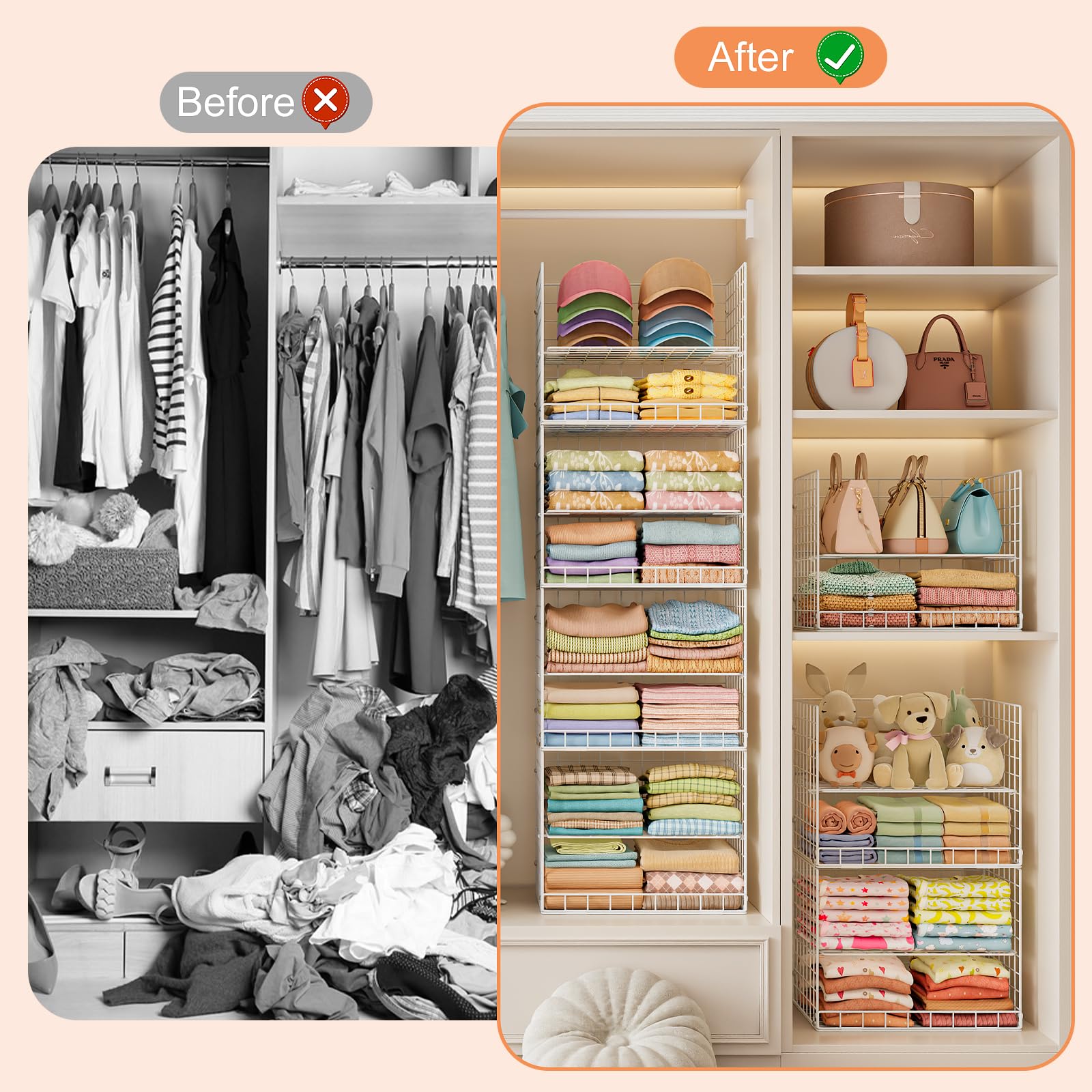 Eight Tier Hanging Closet Organizer with Wire Baskets Hooks and Dividers