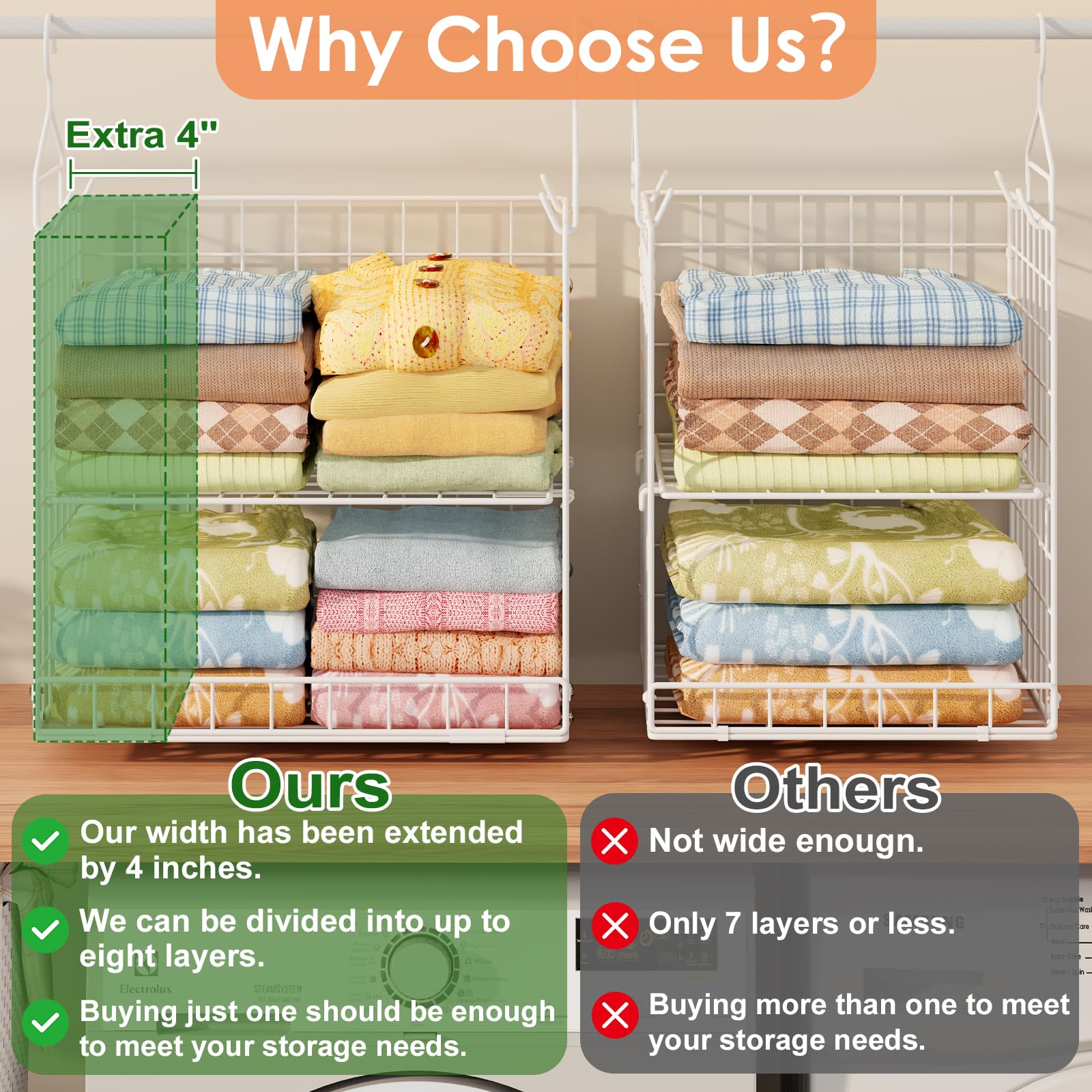 Eight Tier Hanging Closet Organizer with Wire Baskets Hooks and Dividers