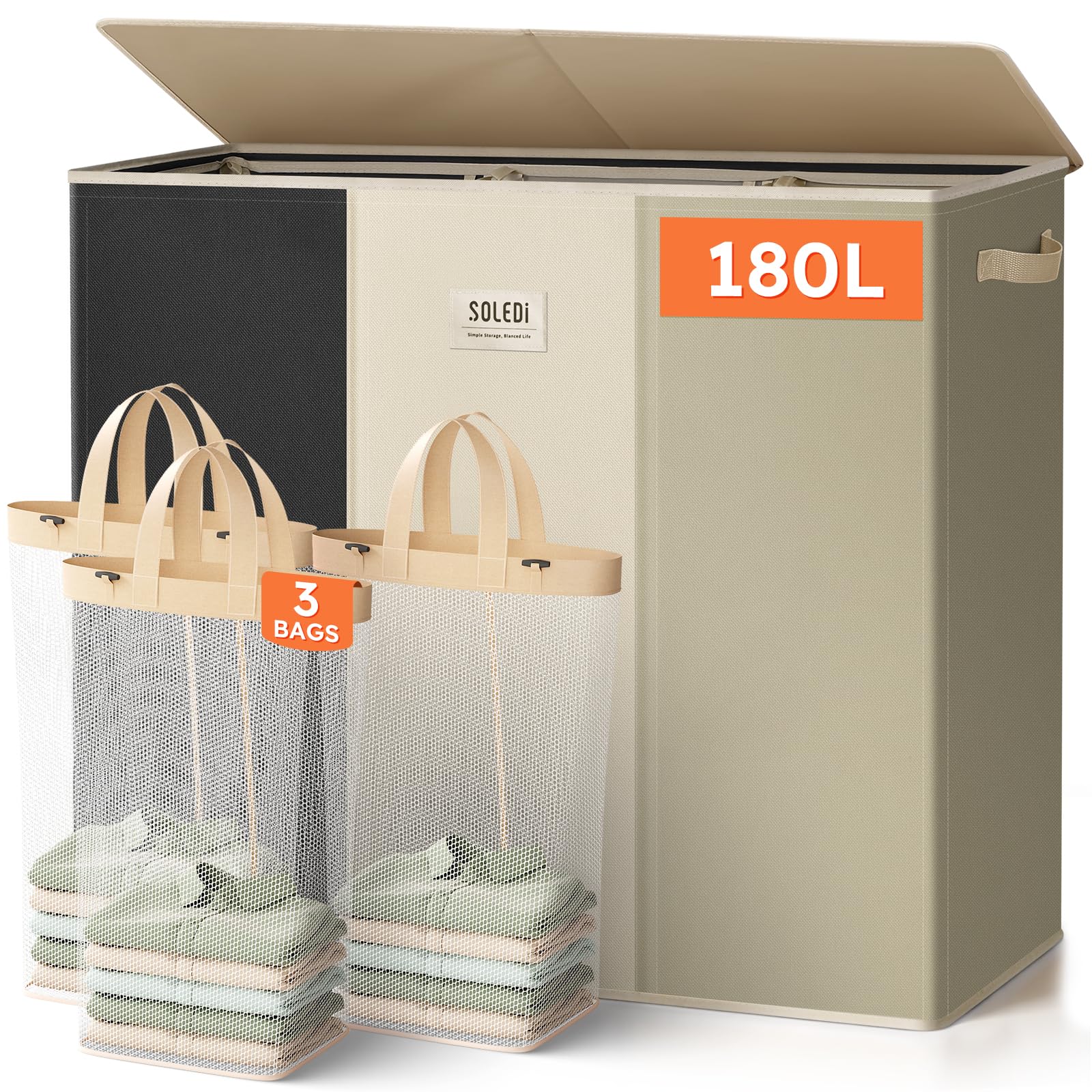 Extra Large 180L Three Section Laundry Hamper with Lid and Handles