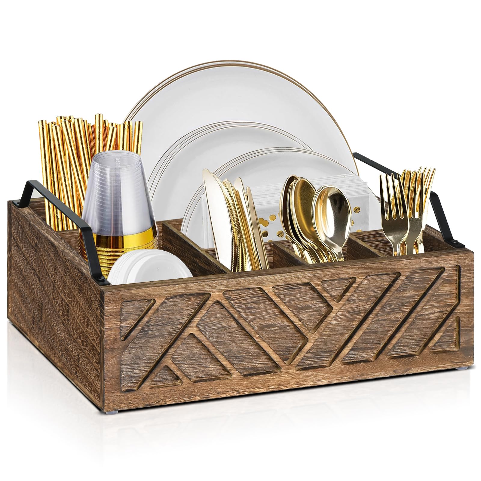 Six Compartment Wooden Utensil Caddy for Paper Plates and Cutlery