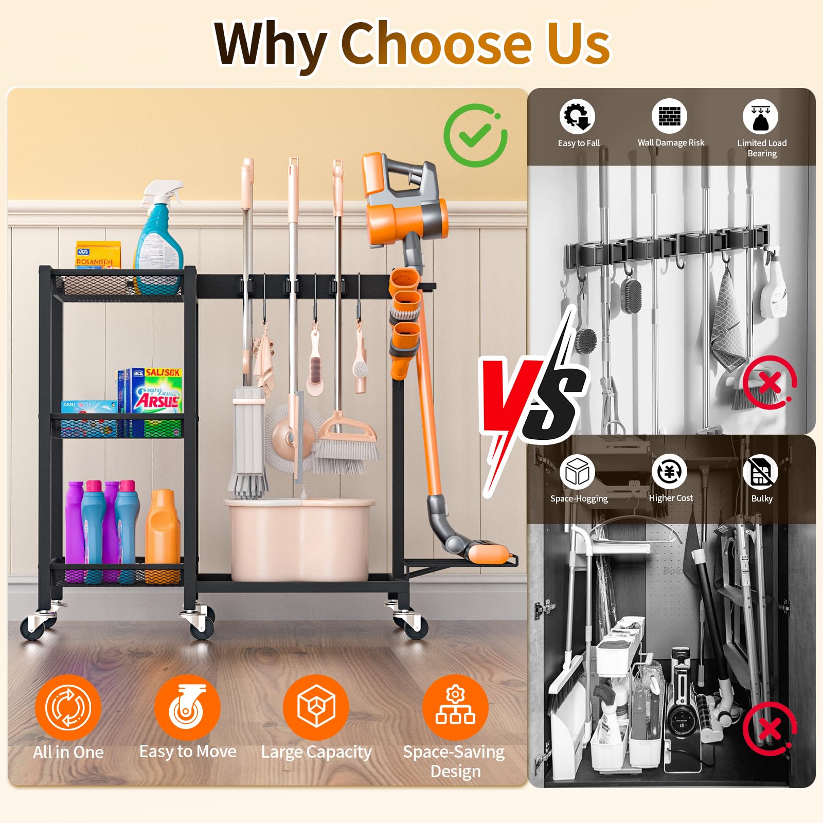 Large Capacity Broom Holder and Cleaning Supplies Organizer