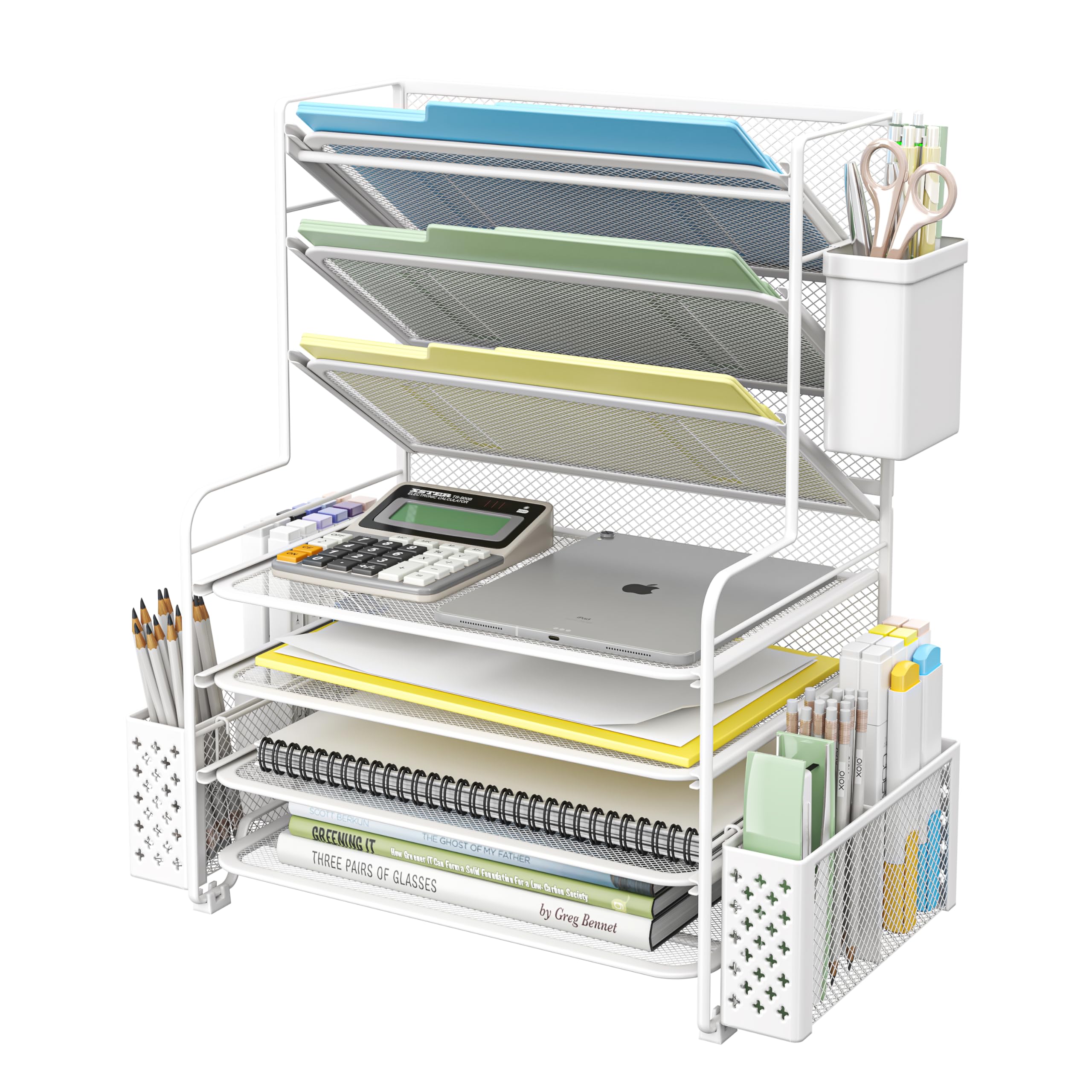Seven Tier Desk File and Paper Organizer with Pen Holder and Basket