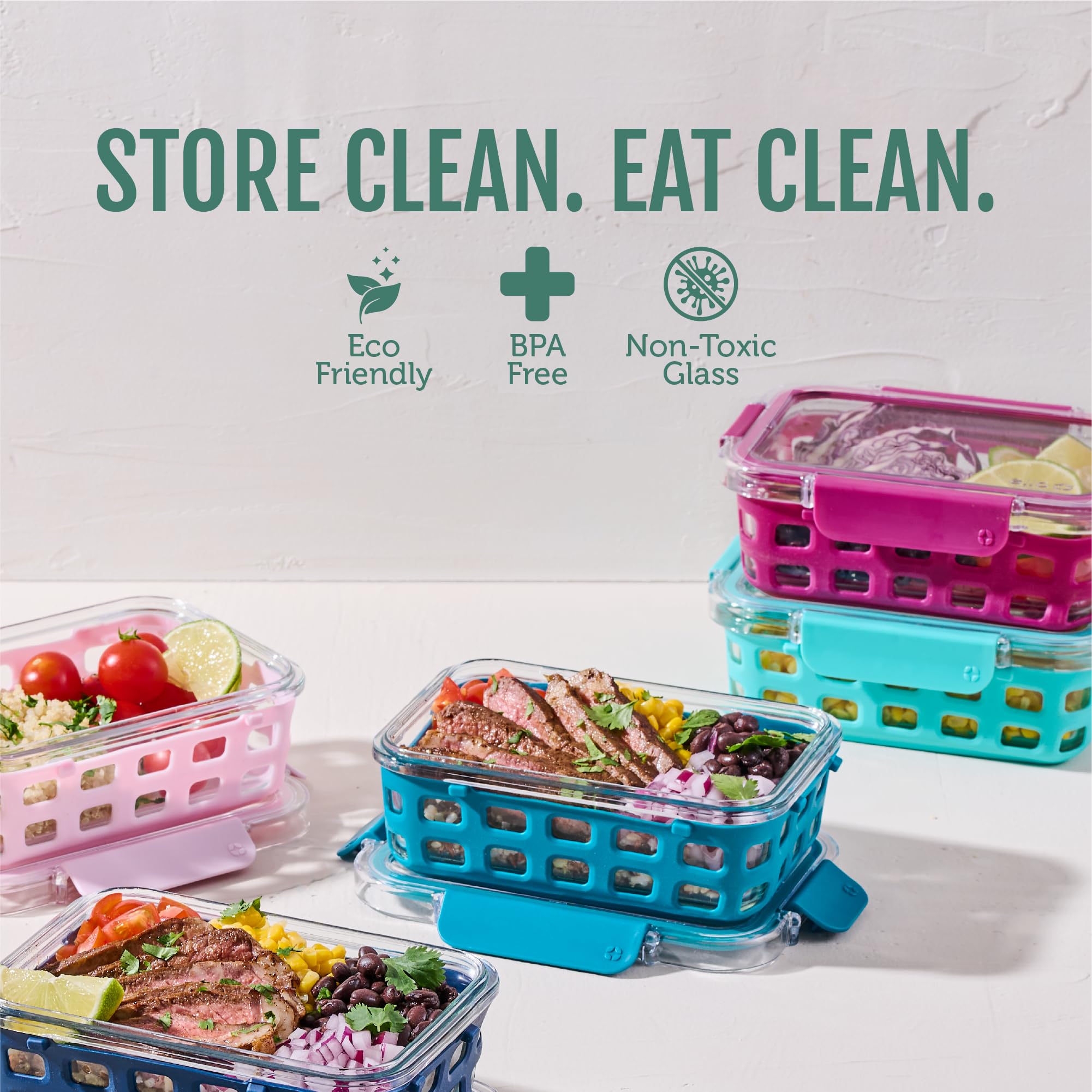 Five Pack Glass Meal Prep Containers with Silicone Sleeves and Airtight Lids