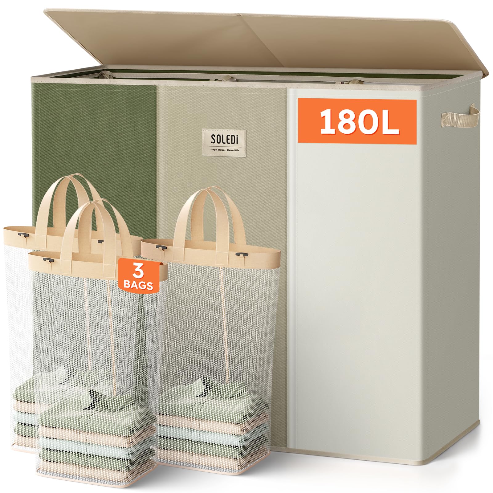 Extra Large 180L Three Section Laundry Hamper with Lid and Handles