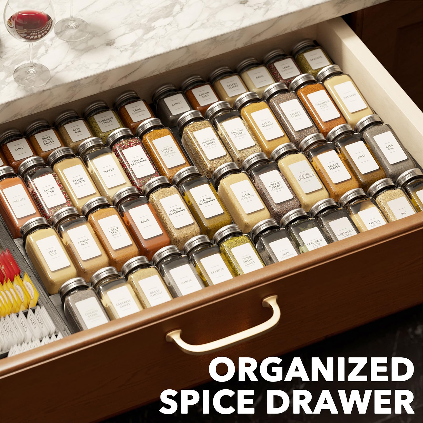 Expandable Bamboo Four Tier Spice Drawer Organizer for Kitchen Cabinet