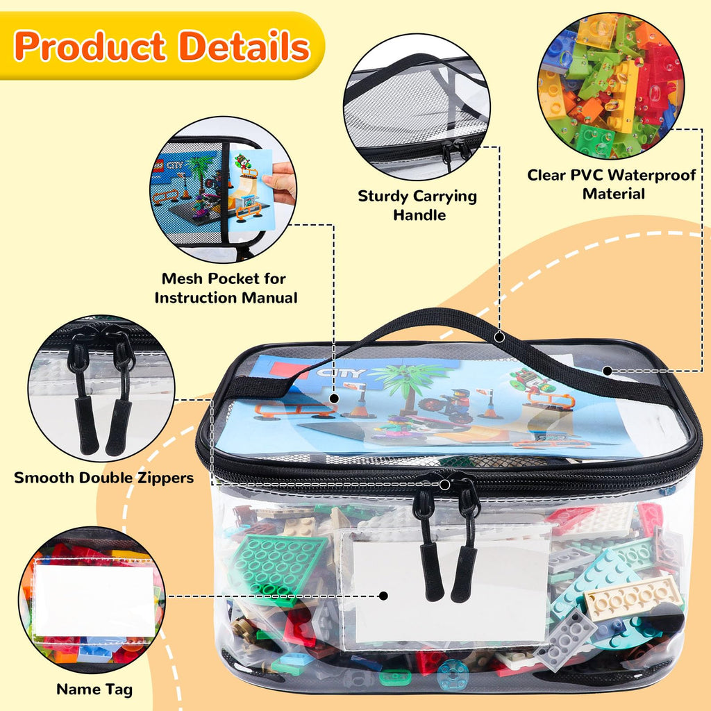 Six Pack Clear Toy Storage Bags with Name Tags and Manual Pockets