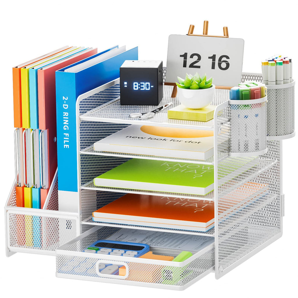 Five Tier Mesh Desk Organizer with File Tray Drawer Pen and Magazine Holders