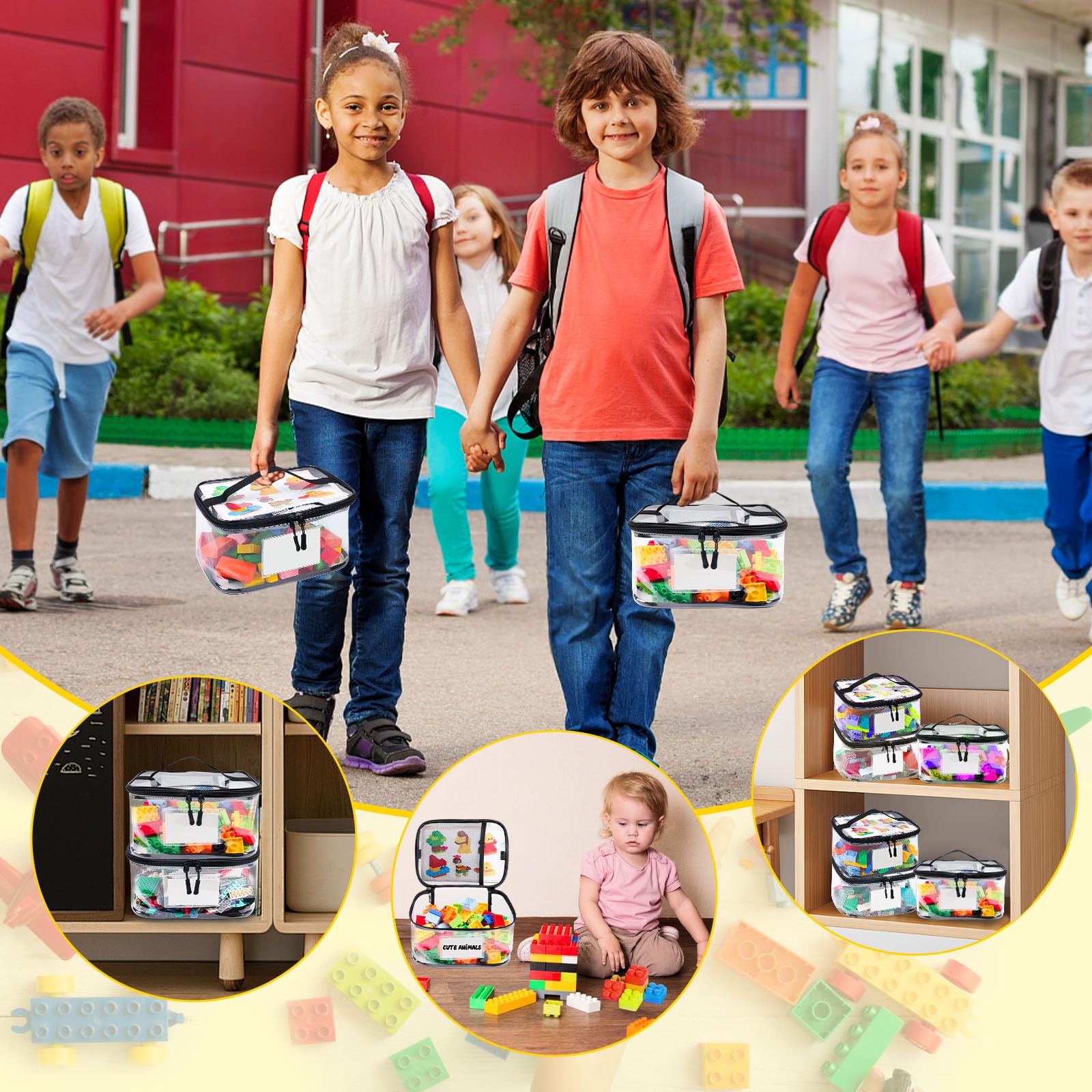 Six Pack Clear Toy Storage Bags with Name Tags and Manual Pockets