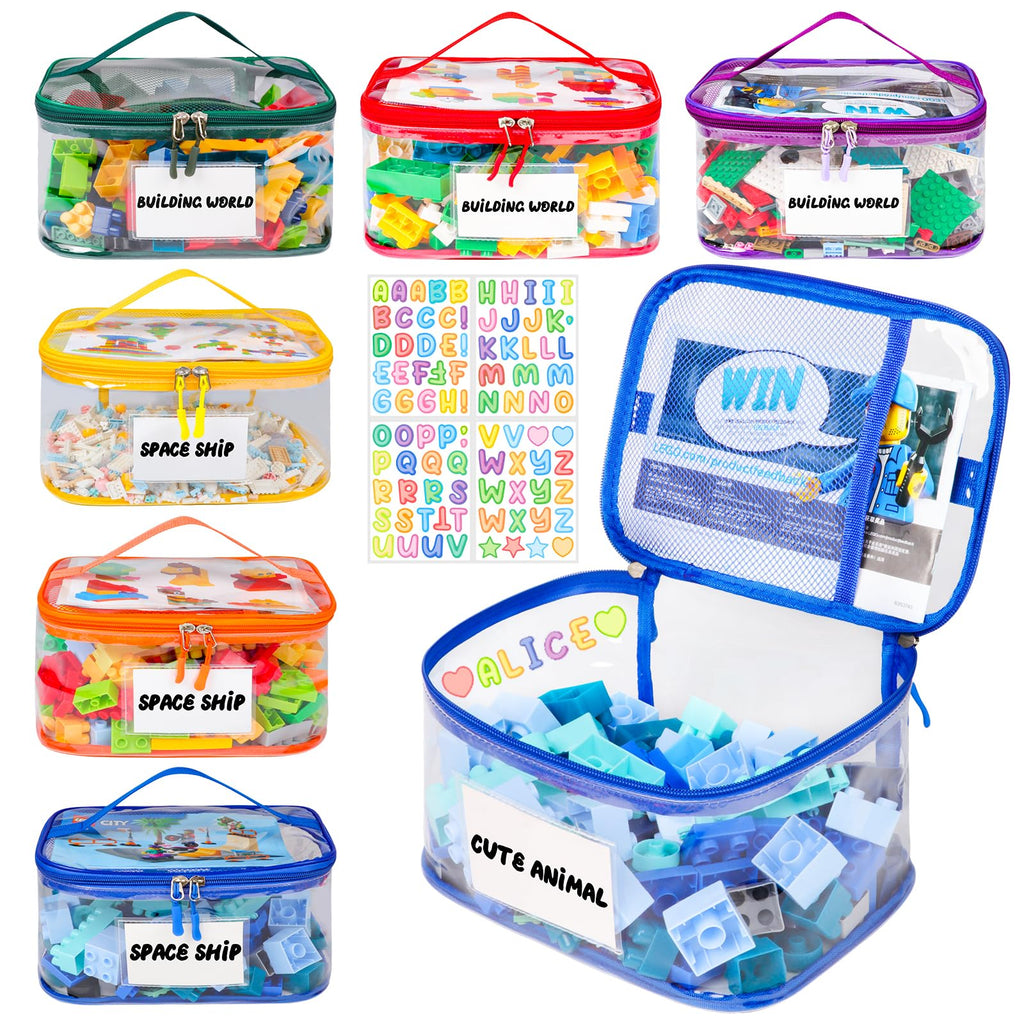 Six Pack Clear Toy Storage Bags with Name Tags and Manual Pockets