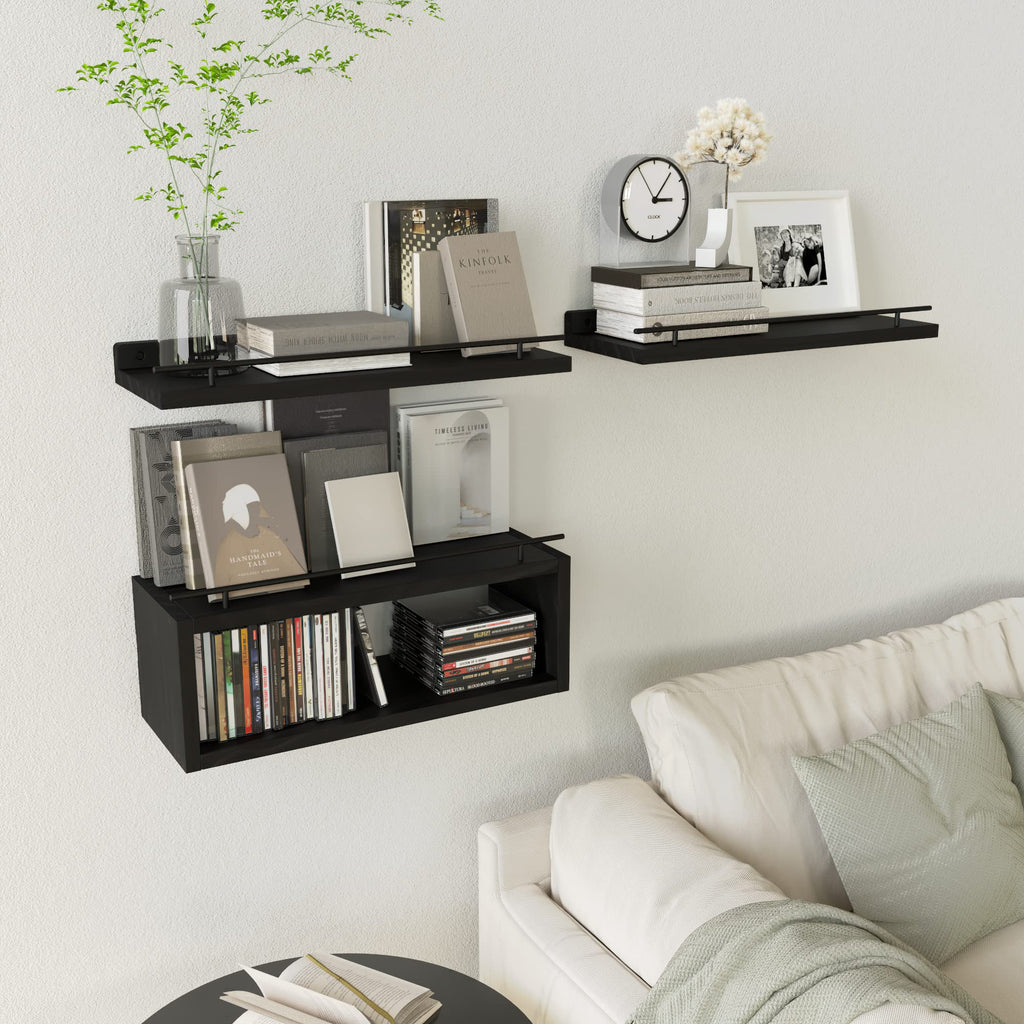 Floating Bathroom Wall Shelves with Cube Storage and Metal Rail