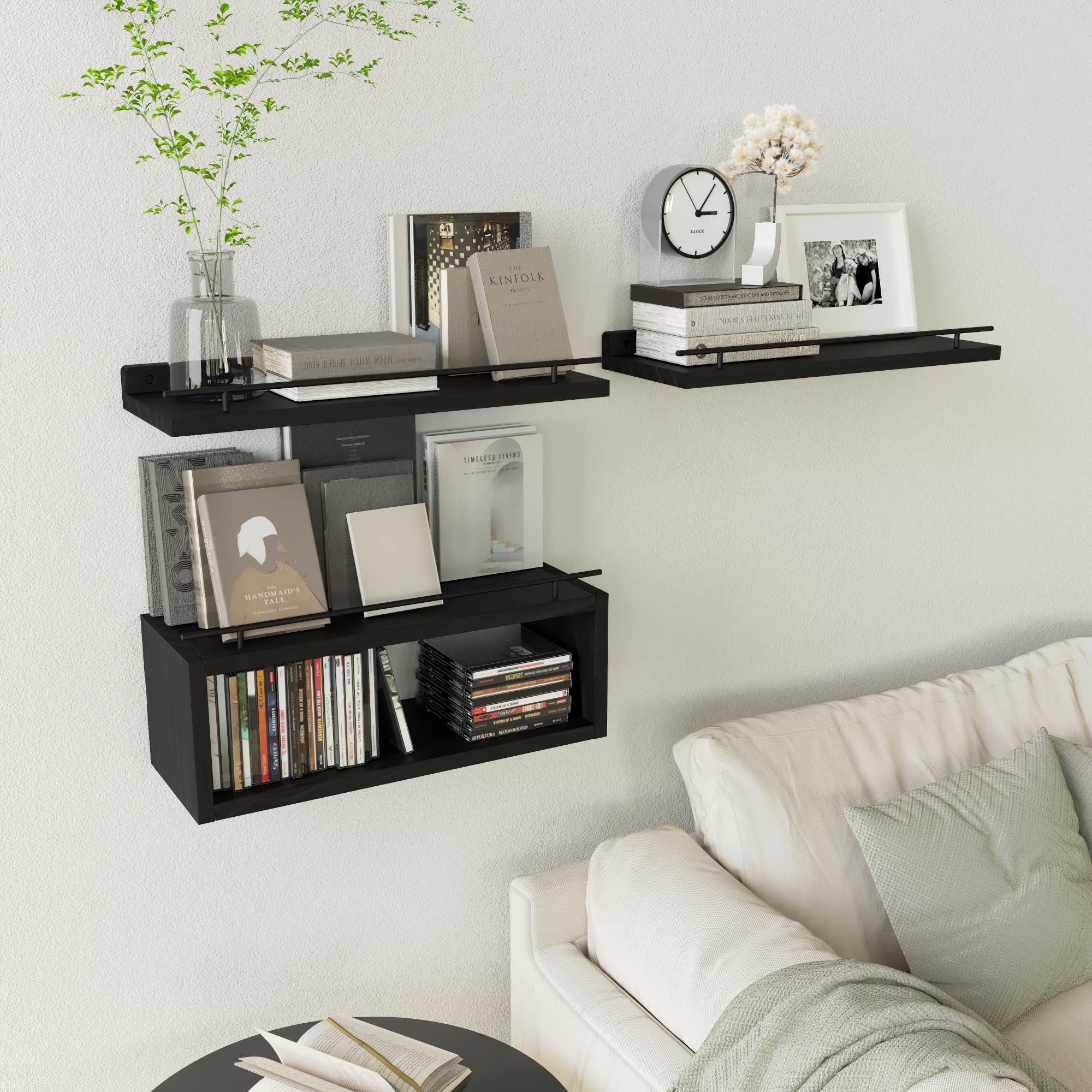 Floating Bathroom Wall Shelves with Cube Storage and Metal Rail