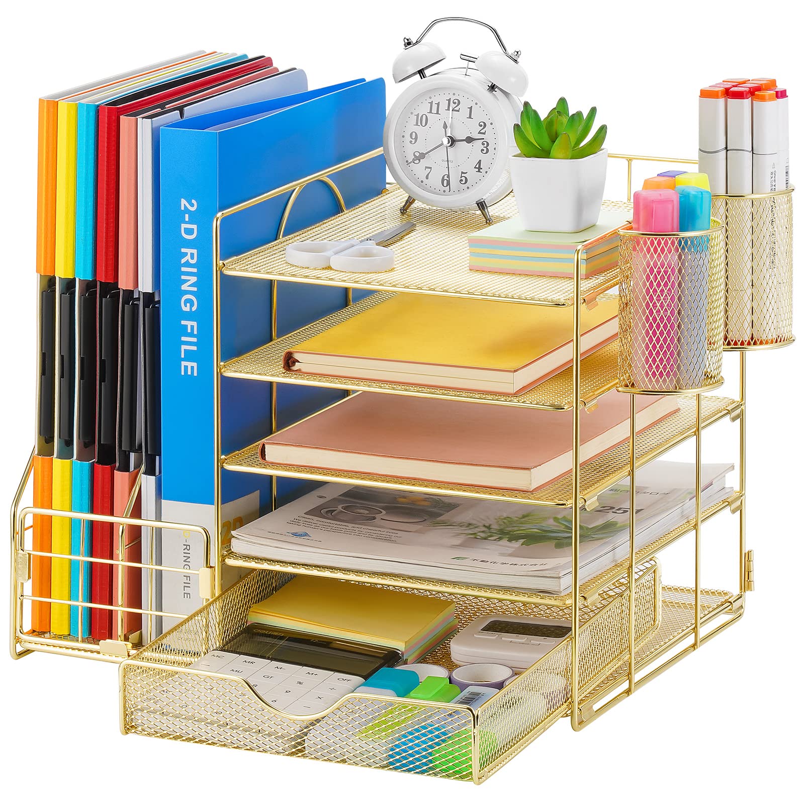 Five Tier Mesh Desk Organizer with File Tray Drawer Pen and Magazine Holders