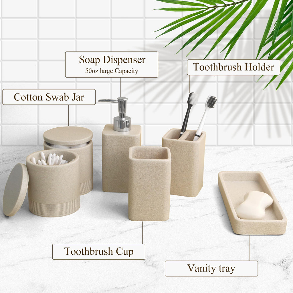 Six Piece Bathroom Accessories Set with Soap Dispenser and Vanity Tray
