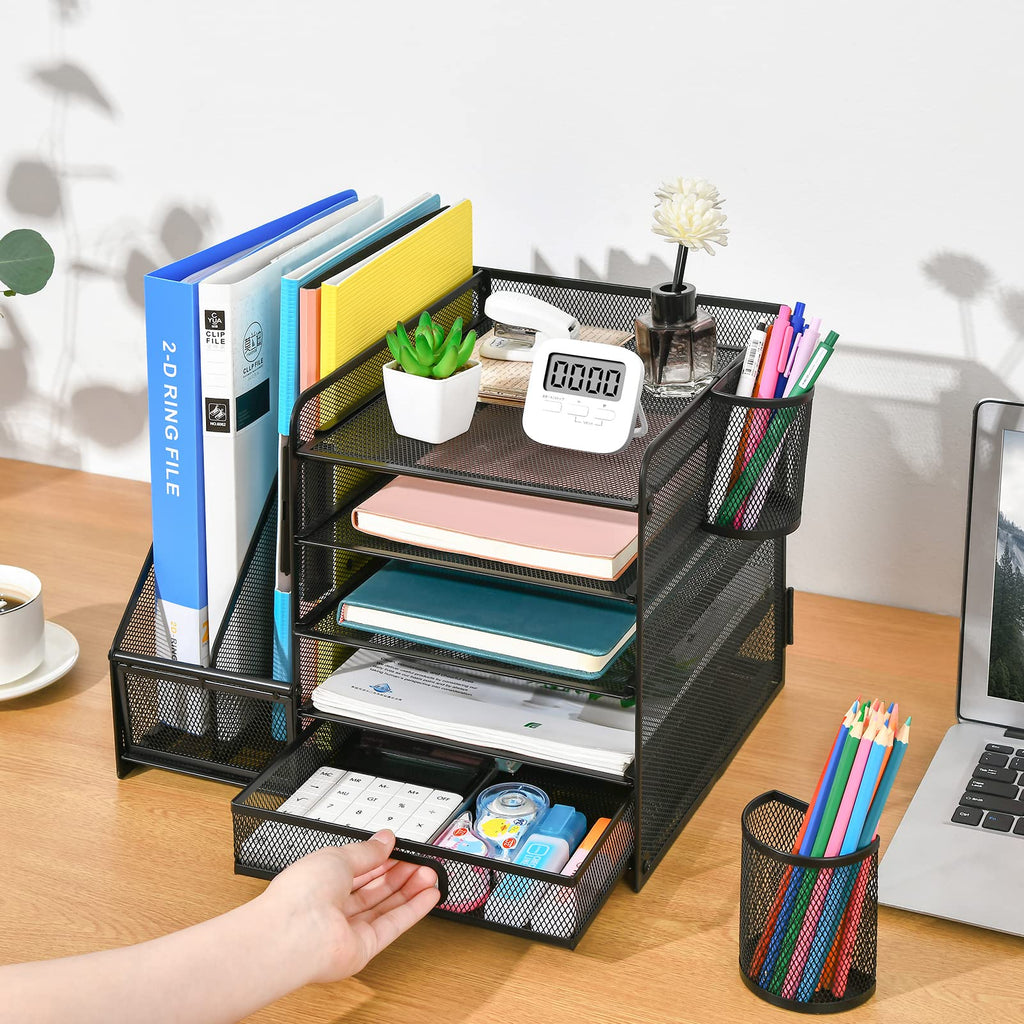Five Tier Mesh Desk Organizer with File Tray Drawer Pen and Magazine Holders