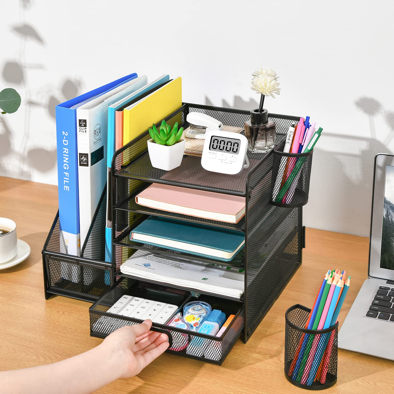 Five Tier Mesh Desk Organizer with File Tray Drawer Pen and Magazine Holders