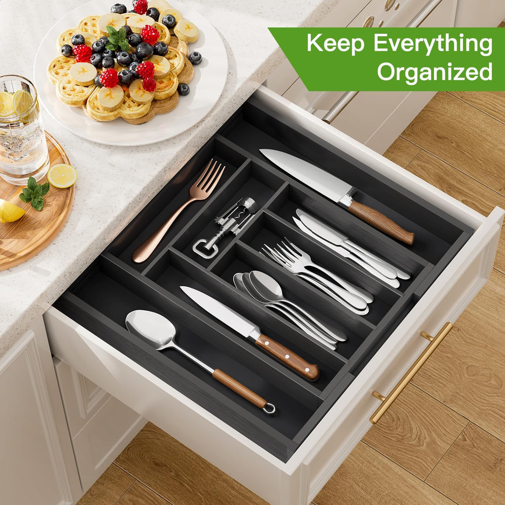 Expandable Bamboo Silverware and Cutlery Tray Organizer