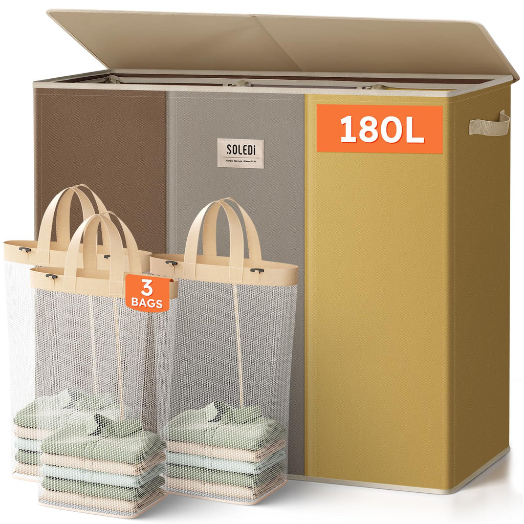 Extra Large 180L Three Section Laundry Hamper with Lid and Handles