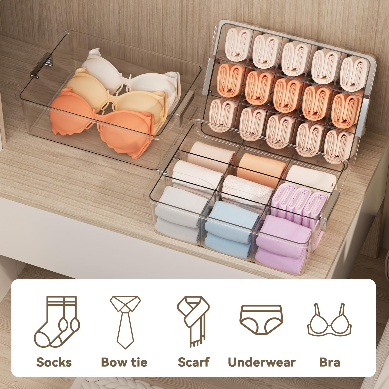 Clear Drawer Organizer with Lid for Socks Bras Underwear Ties and Belts