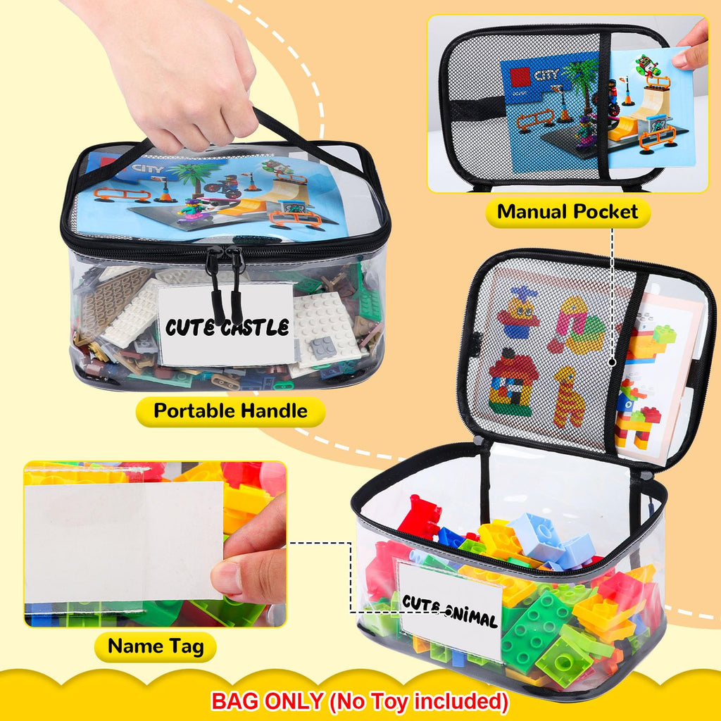 Six Pack Clear Toy Storage Bags with Name Tags and Manual Pockets